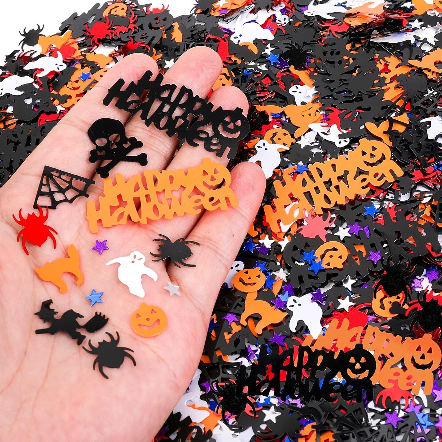 Halloween Party Table Scatter Confetti, Halloween Supplies Foil Metallic Sequins Confetti Trick Or Treat Party Sprinkles Confetti Decorations Pumpkin Bat Ghost Witch Skull Spider Decor, 60g