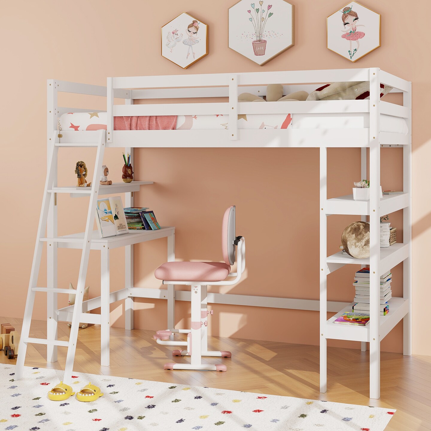 Twin Loft Bed with Desk and Bookshelves for Kids and Teens