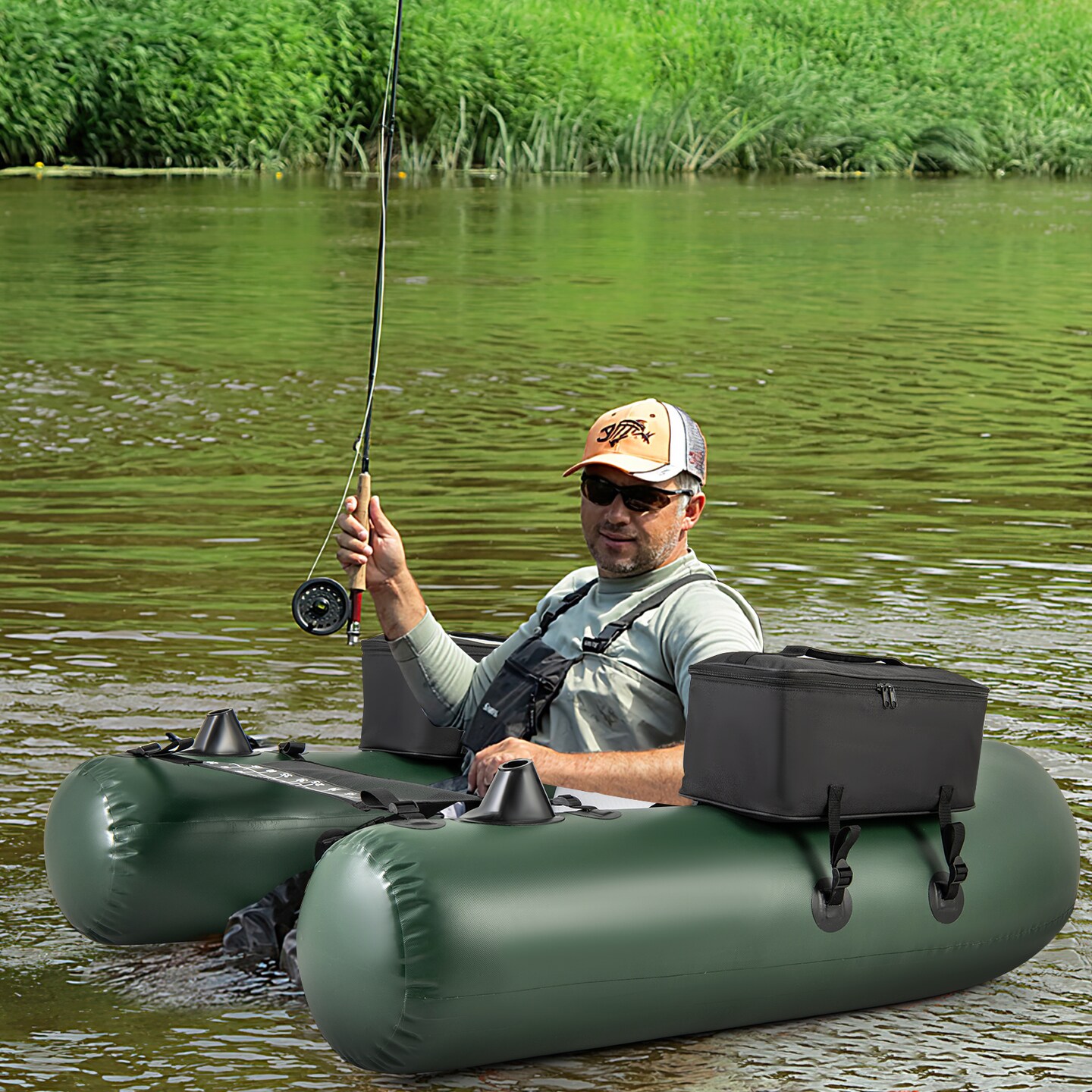 Camouflage Inflatable Fishing Float Tube with Adjustable Backrest and Storage Pockets