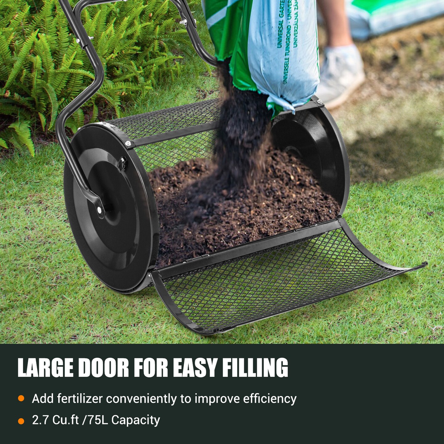24 Inch Black Peat Moss Spreader with U-shape Handle and Metal Frame