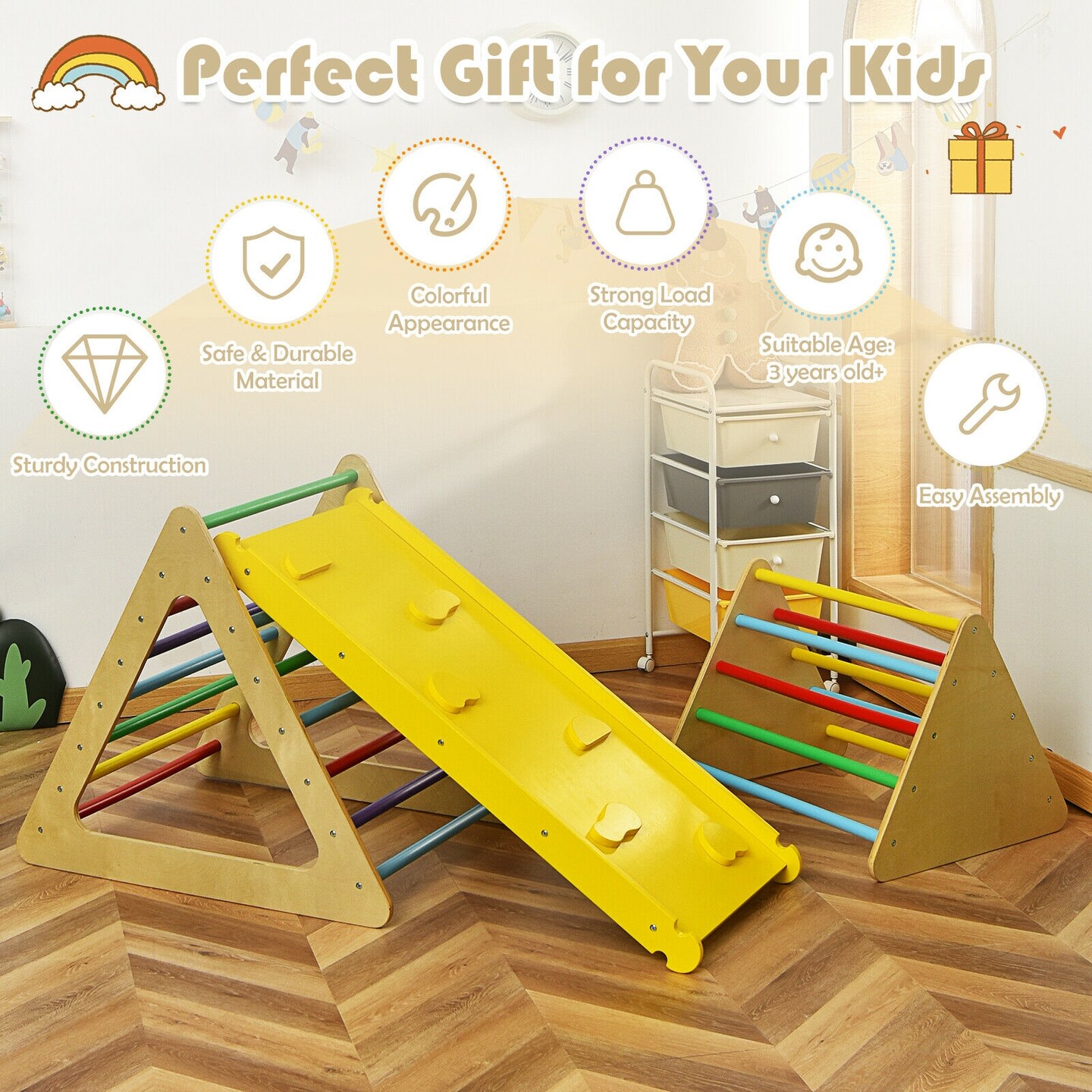 Pine and Birch Wood 3-in-1 Kids Climbing Set with Ramp, Ladders and Storage