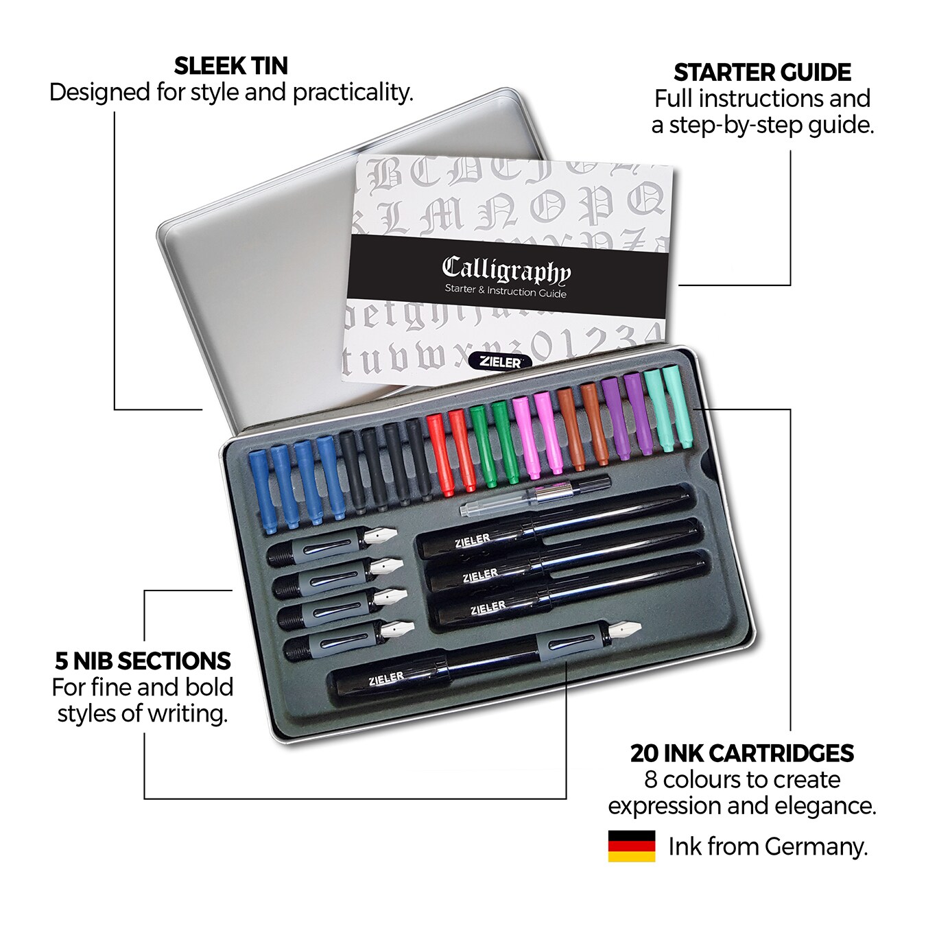 Zieler® Ultimate Calligraphy Pen Gift Set (32 pieces), Presented in a Tin Gift Box