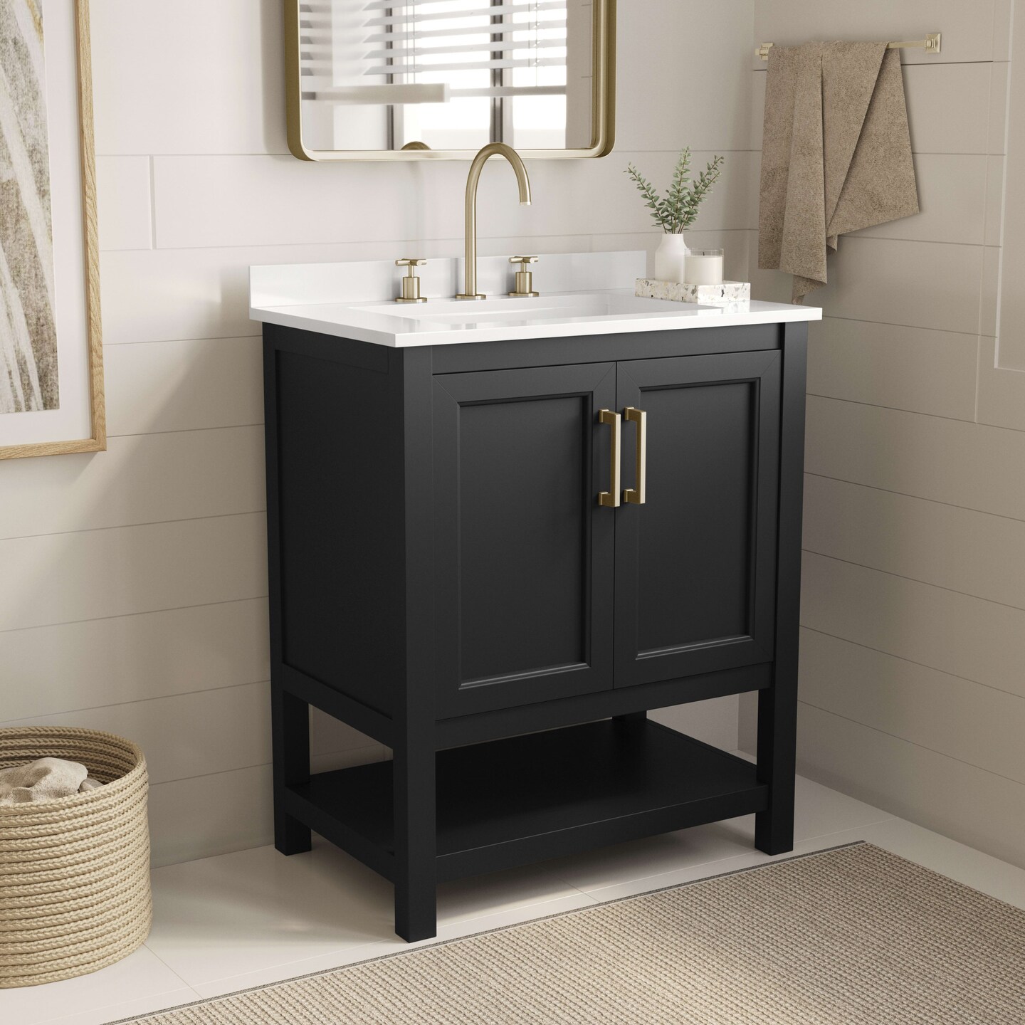 Merrick Lane Vigo Bathroom Vanity with Ceramic Sink, Carrara Marble Finish Countertop, Storage Cabinet with Soft Close Doors and Open Shelf