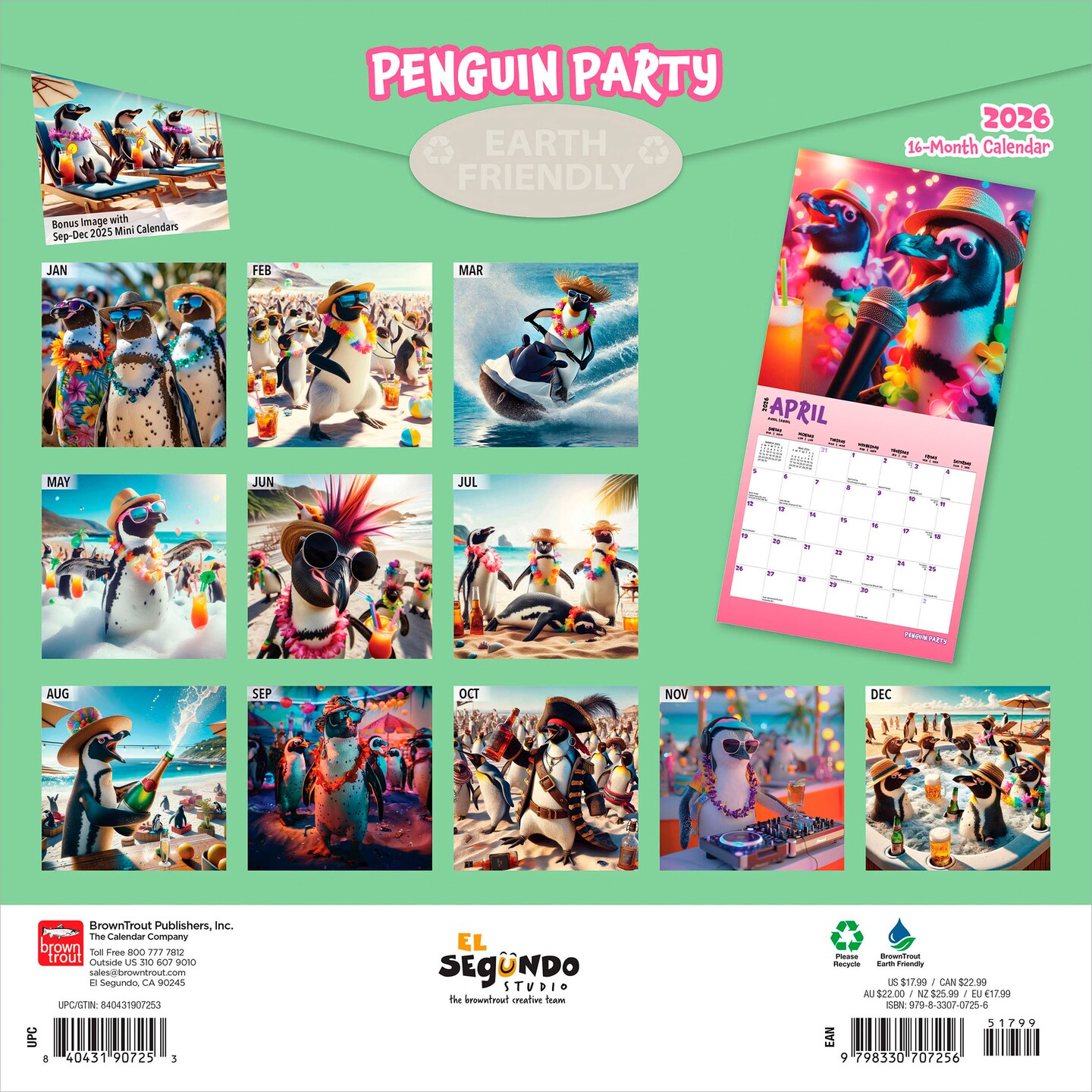Penguin Party | 2026 12 x 24 Inch (Hanging) Monthly Square Wall Calendar | Plastic-Free | BrownTrout | Pets Funny Animals Birds