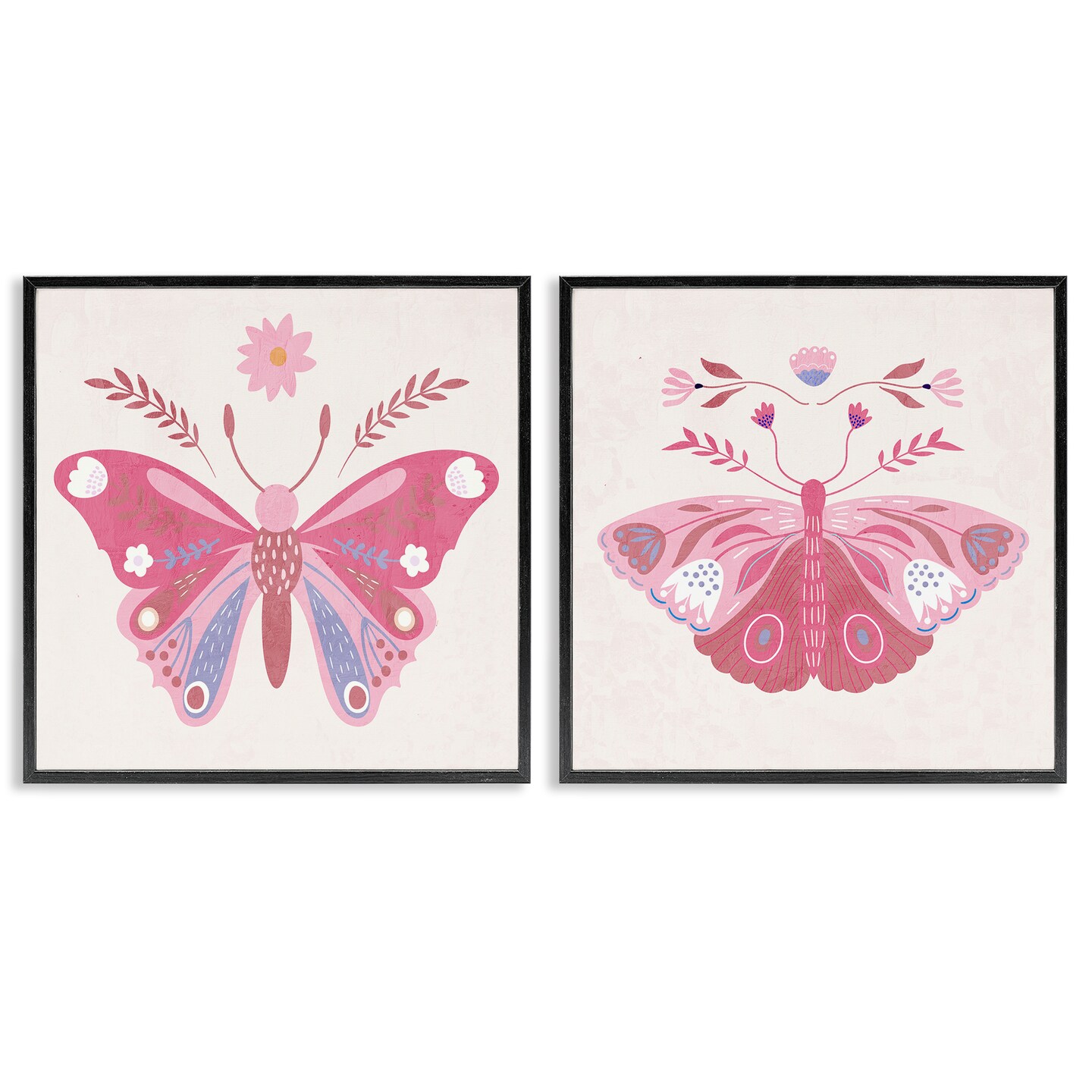 Stupell Industries Pink Folk Butterflies 2pc Framed Giclee Set, design by Kim Allen