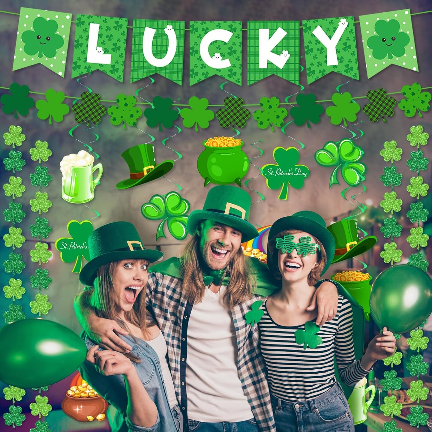 30 Pcs St Patricks Day Decorations Lucky Banner Shamrock Garland and Spiral Ornaments Decor for Home Saint Patrick Party Supplies