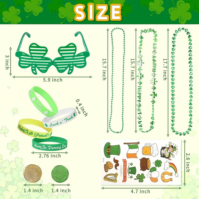 152Pcs St. Patricks Day Accessories Party Favor Set, Shamrock Glasses, Irish Themed Tattoo Stickers, Coins, Bracelets and Necklaces Irish Decor Favors Set for Home Saint Patrick Themed Party Supplies