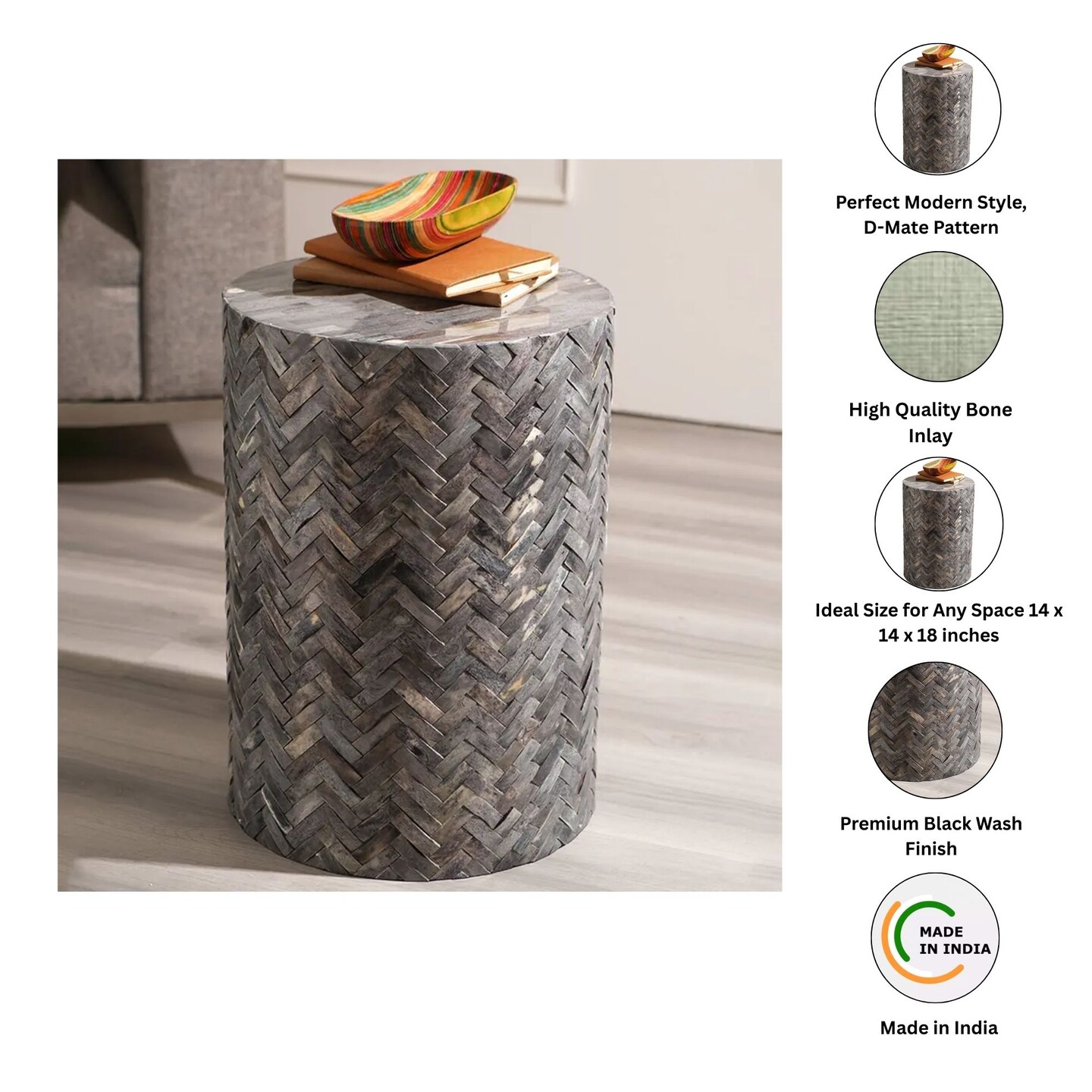Side Table | Bone Inlay End Table with D-Mate Pattern, 18"