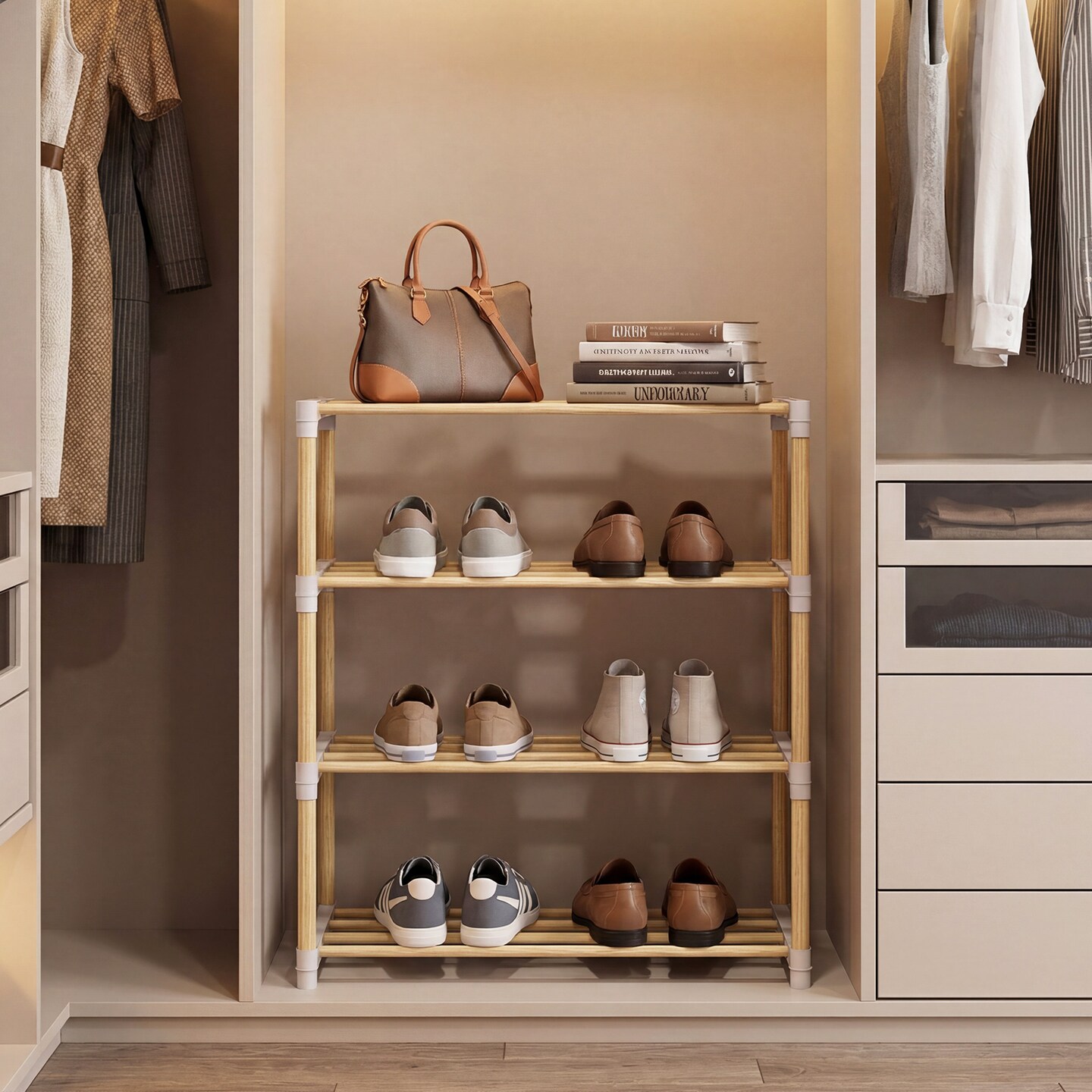 Natural Grey 4-Tier Shoe Rack Pine Wood Stackable Storage Organizer