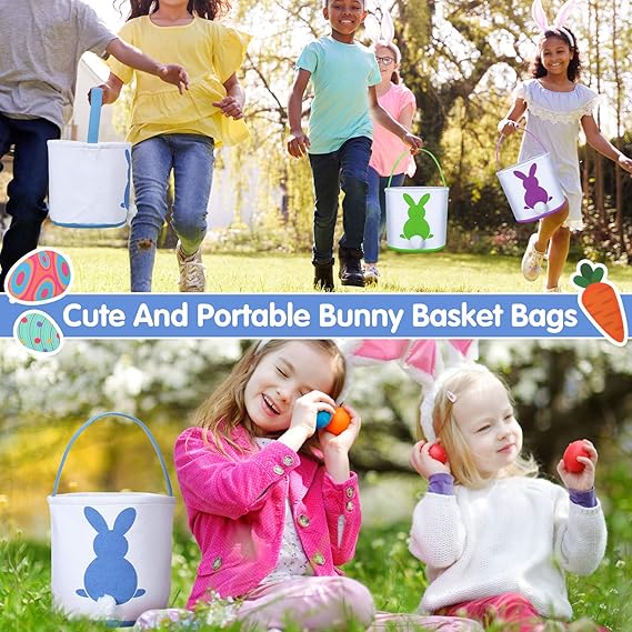 6 Pcs Easter Eggs Bunny Basket Rabbit Tote Bags Canvas Bucket with Handle for Gift Hunt Party