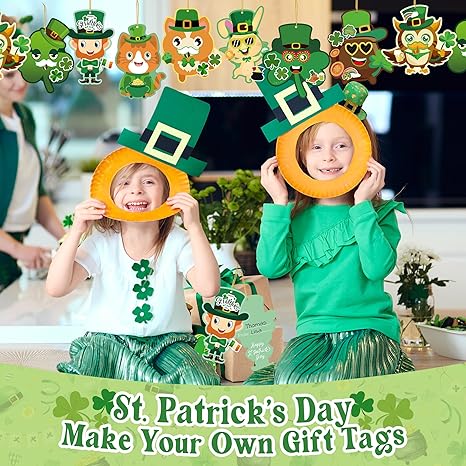 48Pcs St. Patricks Day Craft Kits Make Your Own Shamrock Face Stickers Gift Tags Irish Holiday DIY Art Crafts Hanging Ornament Decorations for Spring Home Classroom School Party Games Activities Gifts