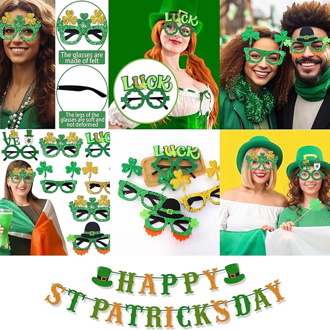 156Pcs St. Patricks Day Accessories Set, 6.8" Shamrock Glasses, 34" Bead Necklaces, Rubber Bracelets, Lucky Coins and Tattoos, Irish Party Favors Decorations Supplies for Parade (156 pcs)