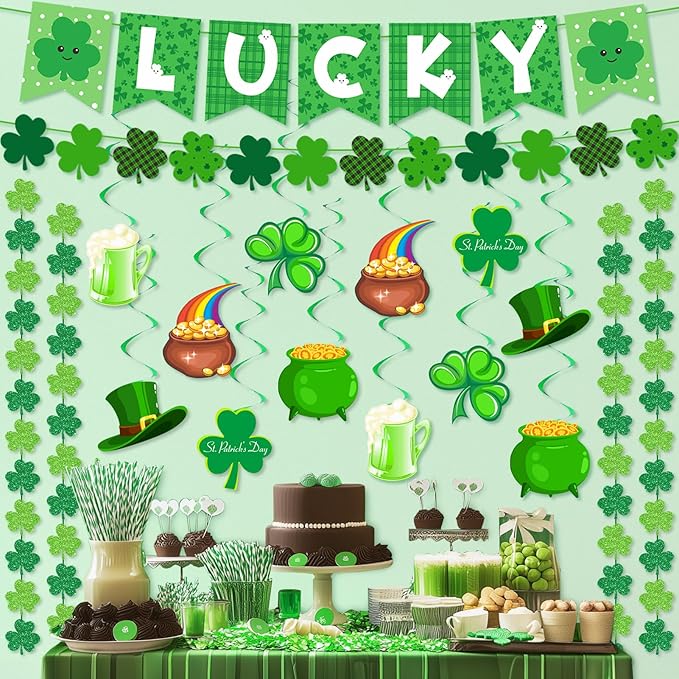 30 Pcs St Patricks Day Decorations Lucky Banner Shamrock Garland and Spiral Ornaments Decor for Home Saint Patrick Party Supplies