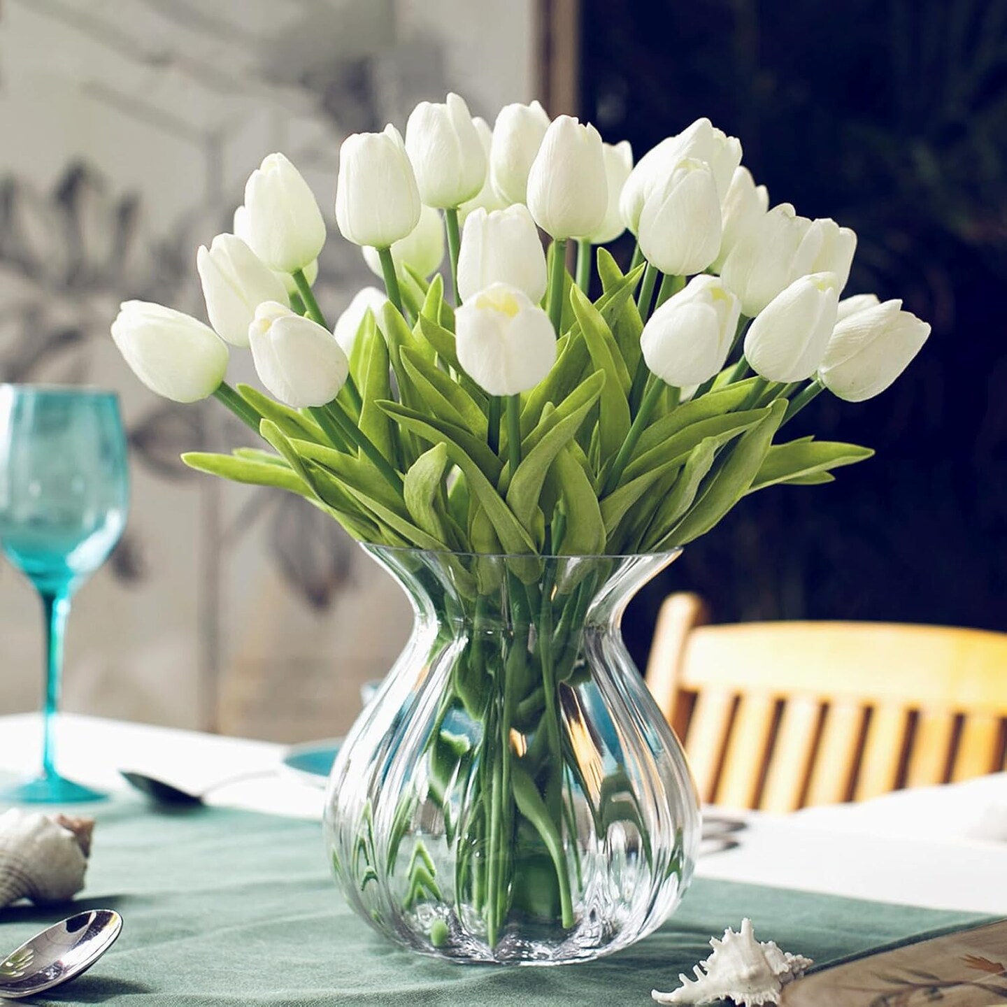 28pcs White Artificial Tulip Stems – Realistic PU Flowers 13" for Easter, Spring Wreaths, Wedding Bouquets, Centerpieces, and Home Décor