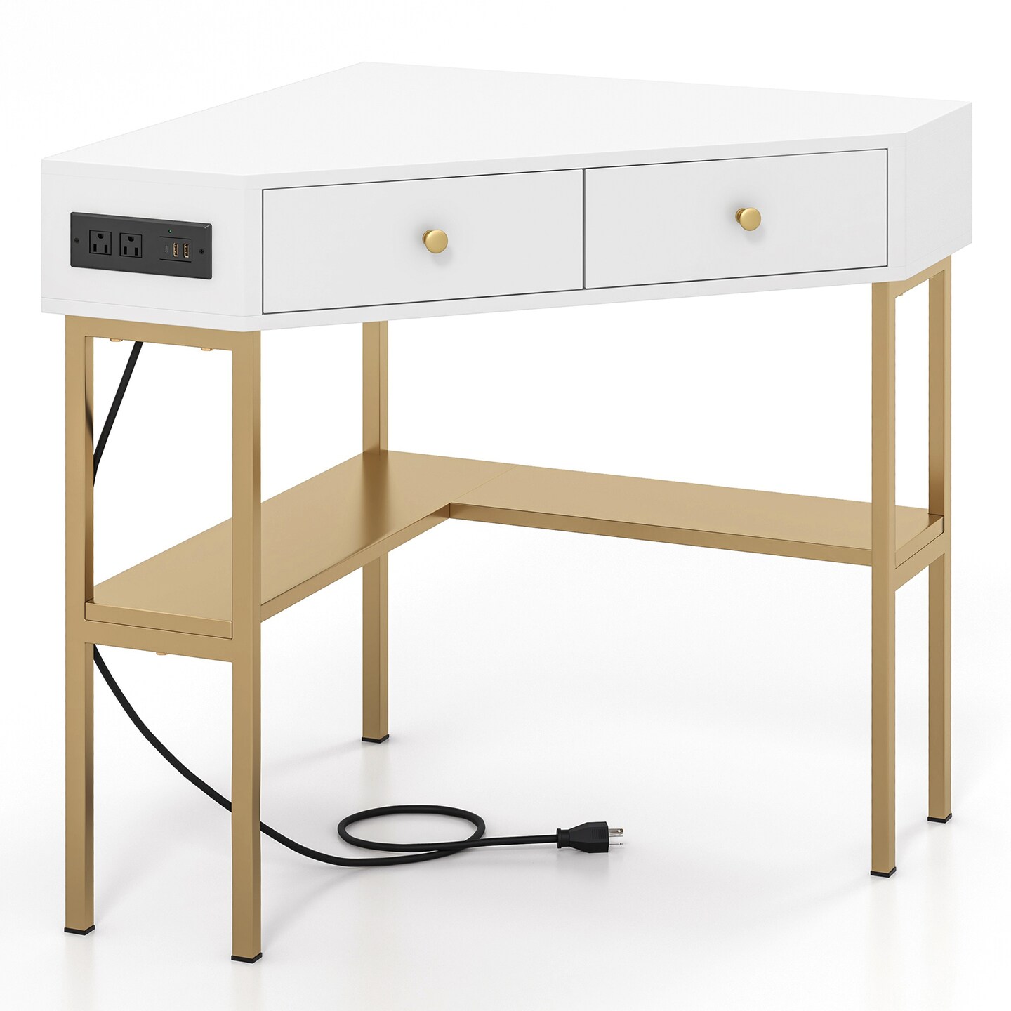 Triangular Corner Computer Desk With 2 Drawers and Open Shelves Gold