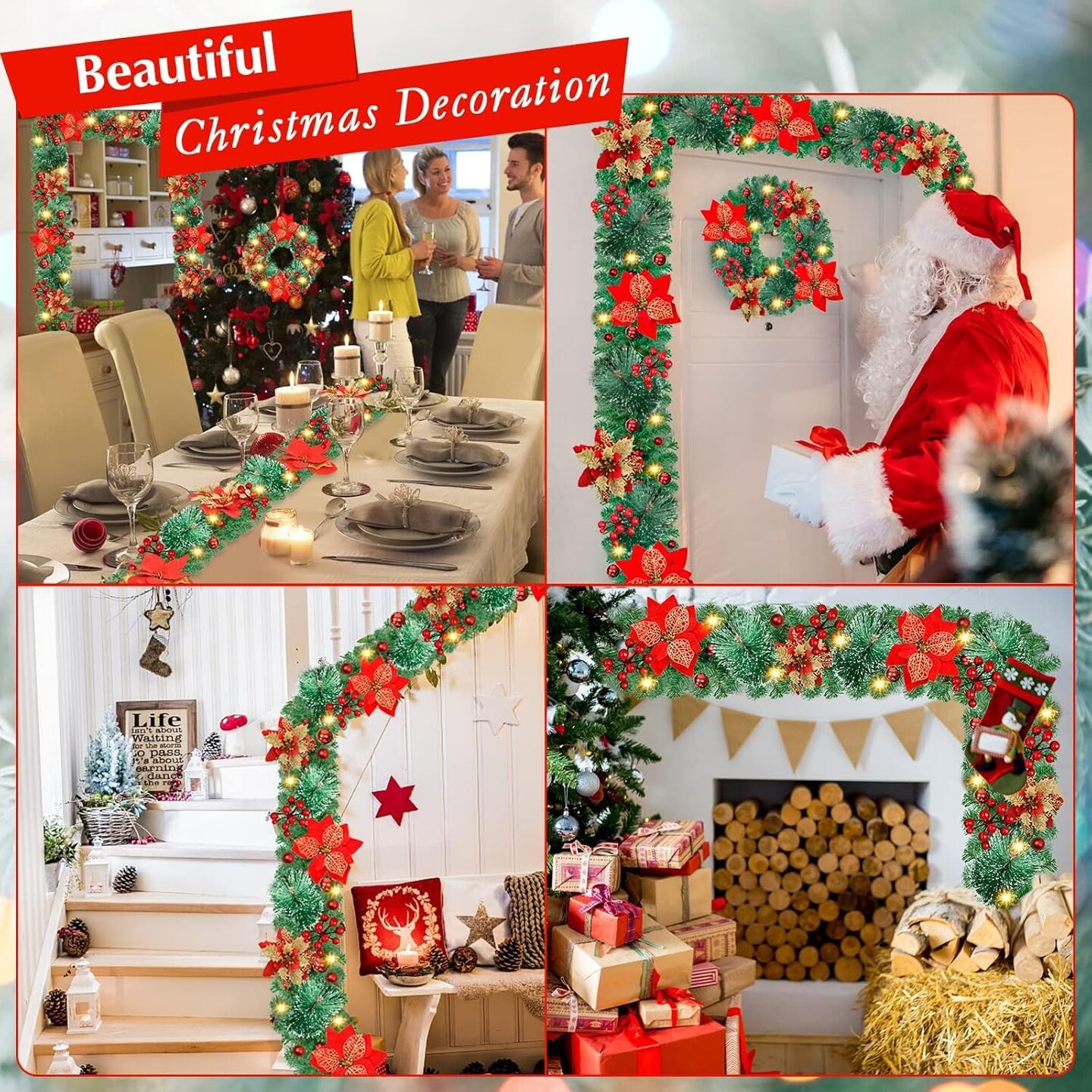 Prelit Artificial Christmas Garland,9FT Christmas Wreath for Christmas Decorations,Christmas Garlands with Lights,Rattan Decorations Xmas for Fireplaces Stairs,Holiday,Wedding Party,Evergreen