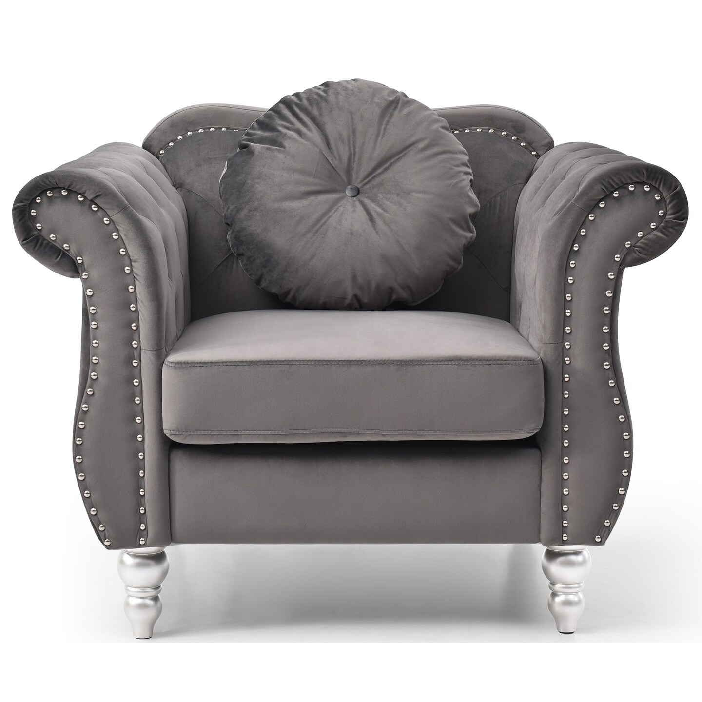 Contemporary Home Living Velvet Tufted Accent Chair with Round Pillow - 39" - Gray