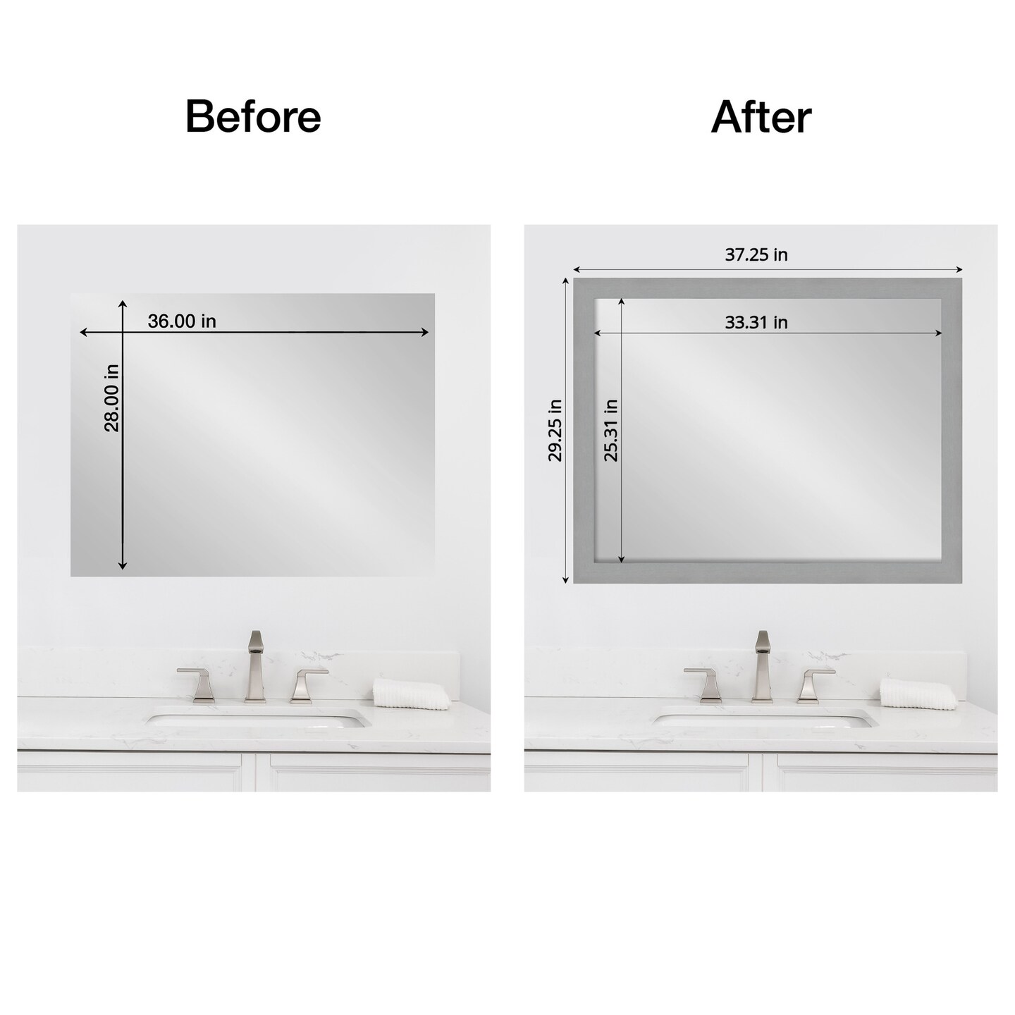 Amanti Art Mirror Makeover Bathroom Mirror Frame Border Kit - Fully Assembled Peel and Stick Frame - Mirror NOT Included - Brushed Black or Nickel Trim