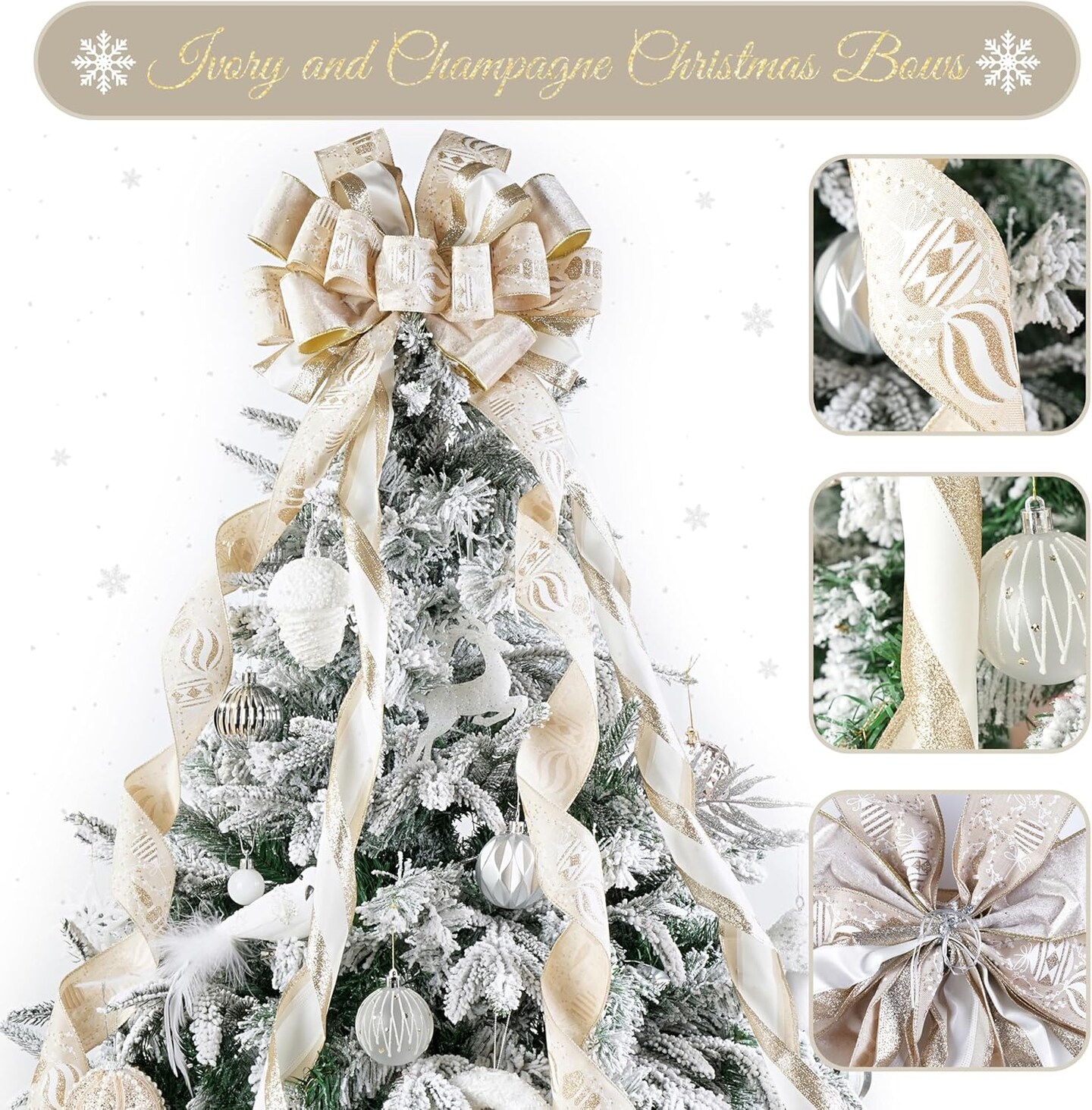 Ivory and Champagne Gold Christmas Tree Topper Bows 13 x 53 Inch Large Christmas Bows with Streamer and Bauble Patterns Decorative Bows for Xmas Tree Wreaths Door Staircase Home Decor
