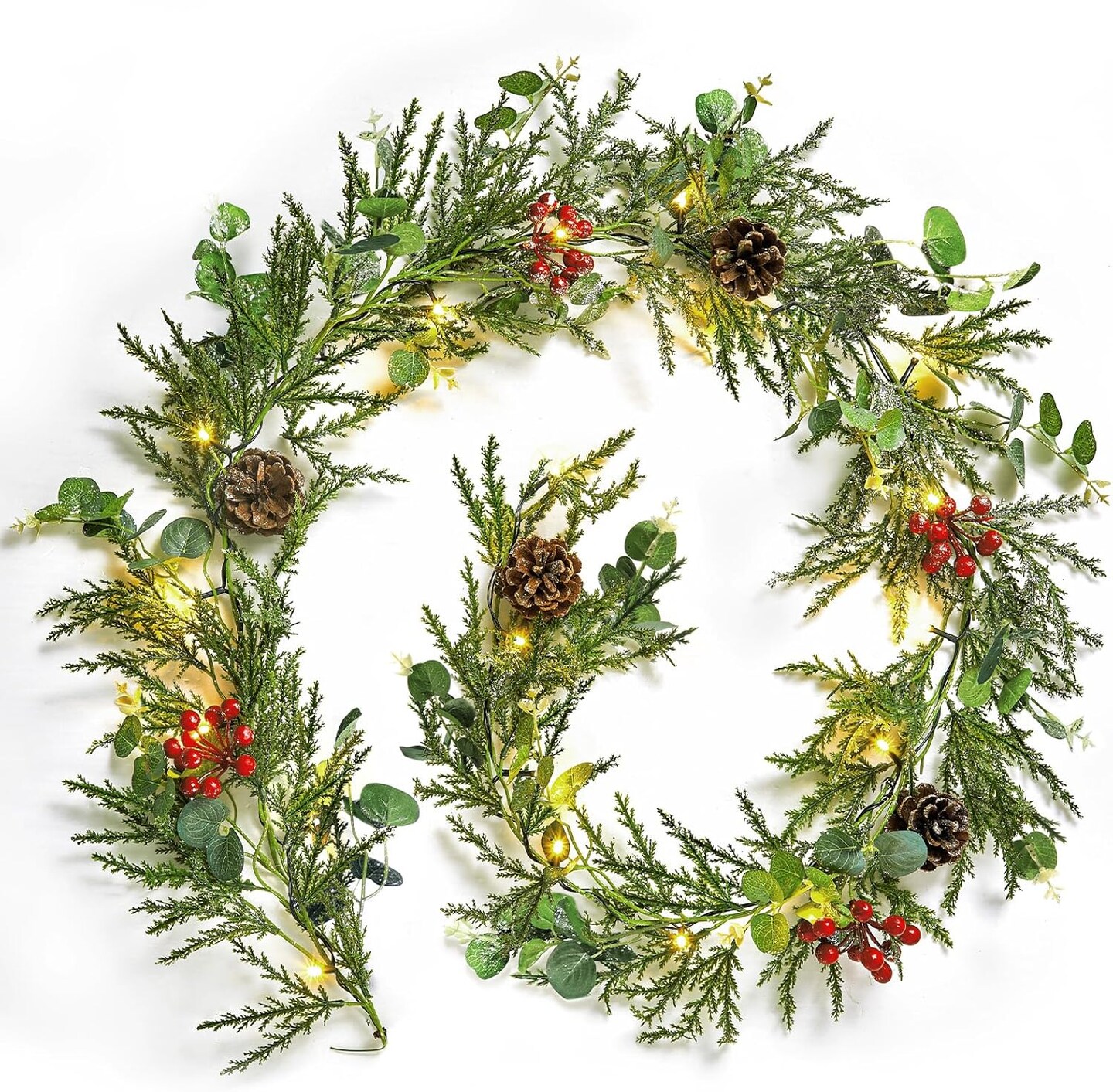 6 Feet 20 LED Battery Operated Christmas Lights with Pine Cones, Berry, Eucalyptus Leaves, Indoor Christmas Decorations for Stairs, Fireplace, Door