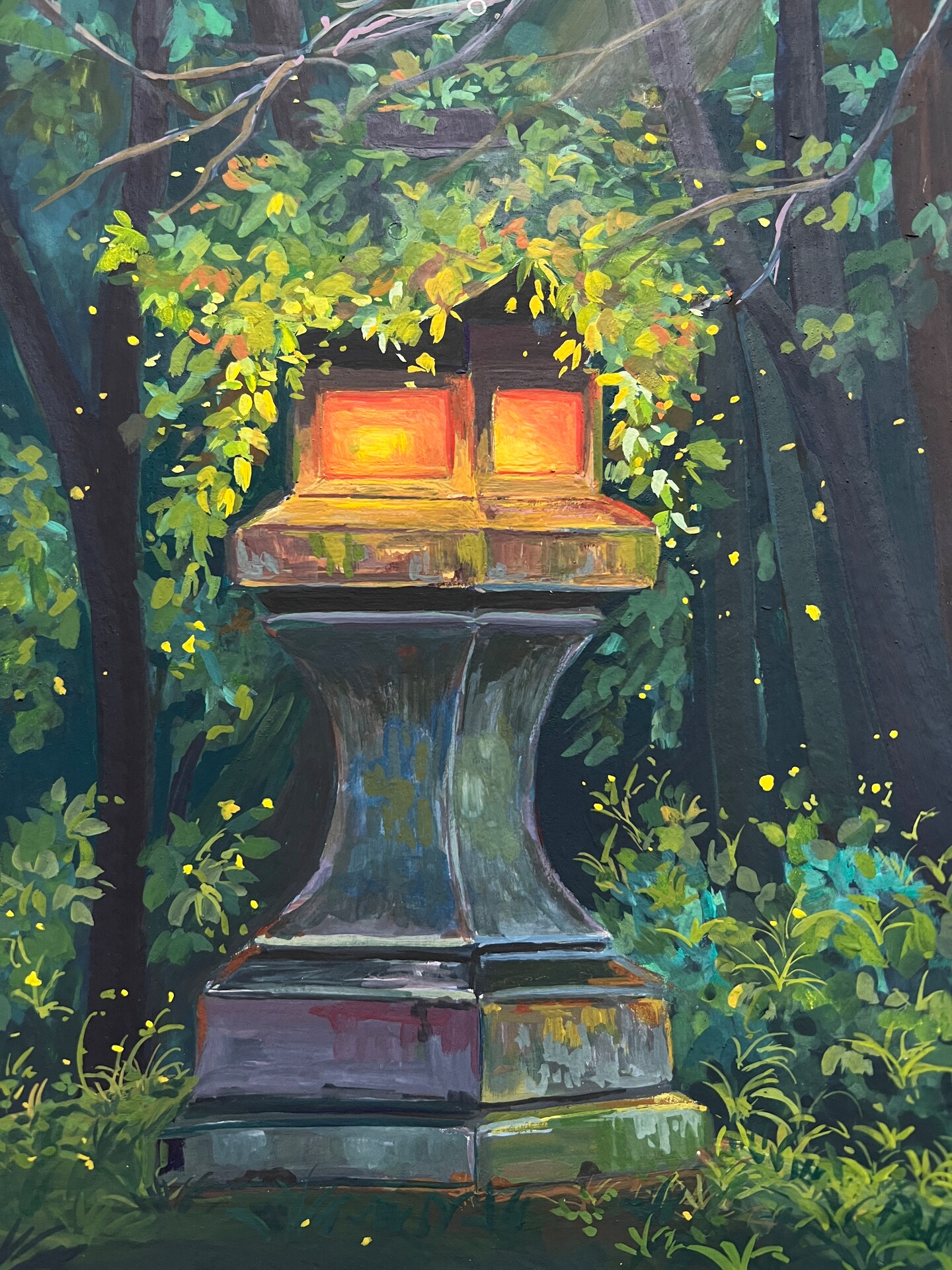 Original Gouache Painting - Japanese Mossy Lantern - Stone Lantern in  Midnight - Whimsical Forest Wall Decor - Hand-Painted ART- UNIQUE ART | ..., image size:810x1080
