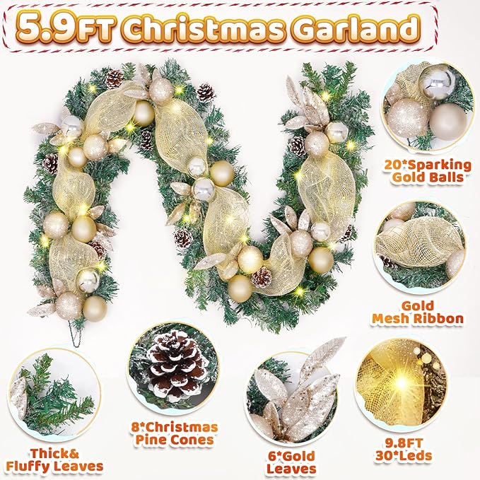 Luxury Christmas Garland for Mantle, Christmas Flocked Garland with Ribbons Gold Ball Pinecones, Christmas Garland Decor
