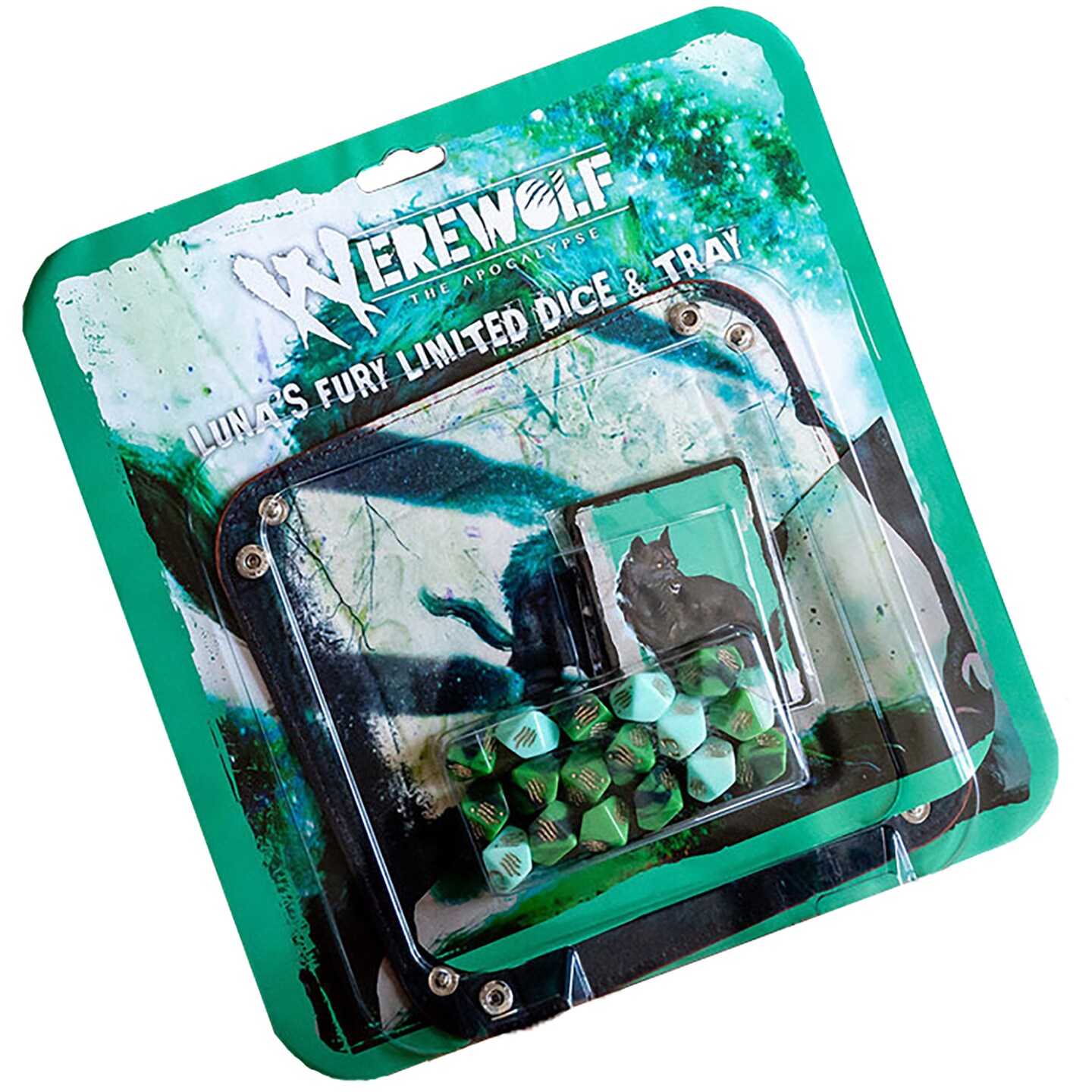Werewolf: The Apocalypse 5th Edition Roleplaying Game Luna&#x2019;s Fury Limited Dice &#x26; Tray Accessory Pack - 17 Green RPG Dice Set, 5 Cards &#x26; Folding Tray