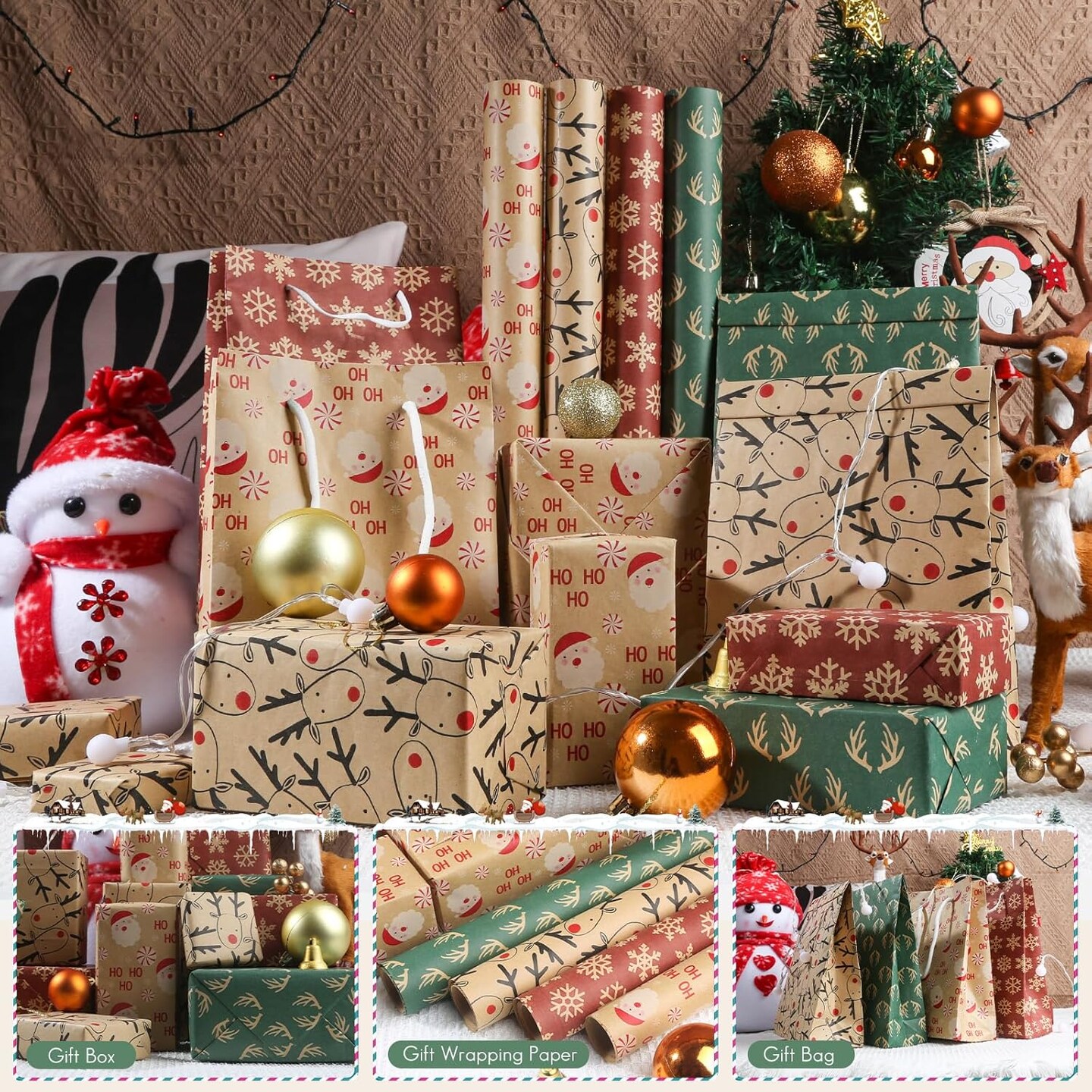 Christmas Wrapping Paper Rolls, Kraft Wrapping Paper Set - Trees, Reindeer, Snowmen and Snowflakes Pattern - 4 Rolls - 17 Inch &#xD7; 120 Inch Per Roll