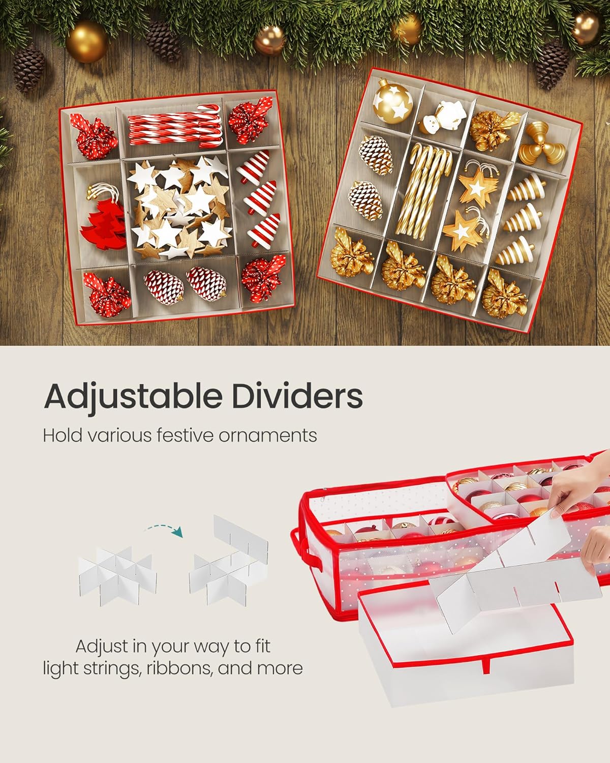 Christmas Ornament Storage Box, 96 Slots of 3 Inches, 38&#x22; L x 13.2&#x22; W x 6.9&#x22; H, Bauble Storage Box with Dividers, Zippers, Side Handles, Under the Bed, Cherry Red URFB031T02
