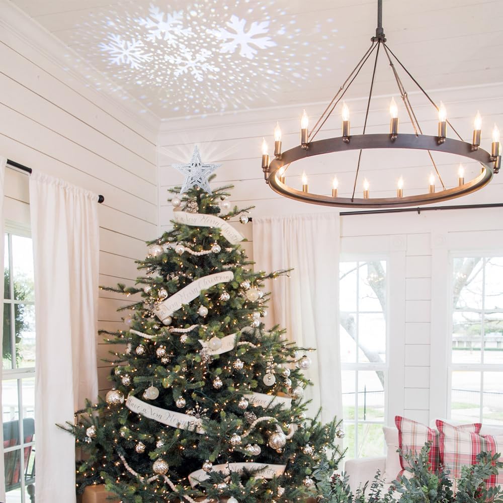 hogardeck Christmas Tree Topper, 3D Silver 5-Pointed Star Tree Topper Lighted with Hollow Glitter Projector for Christmas Treetop, LED Snowflake Tree Topper for Christmas Tree Decorations