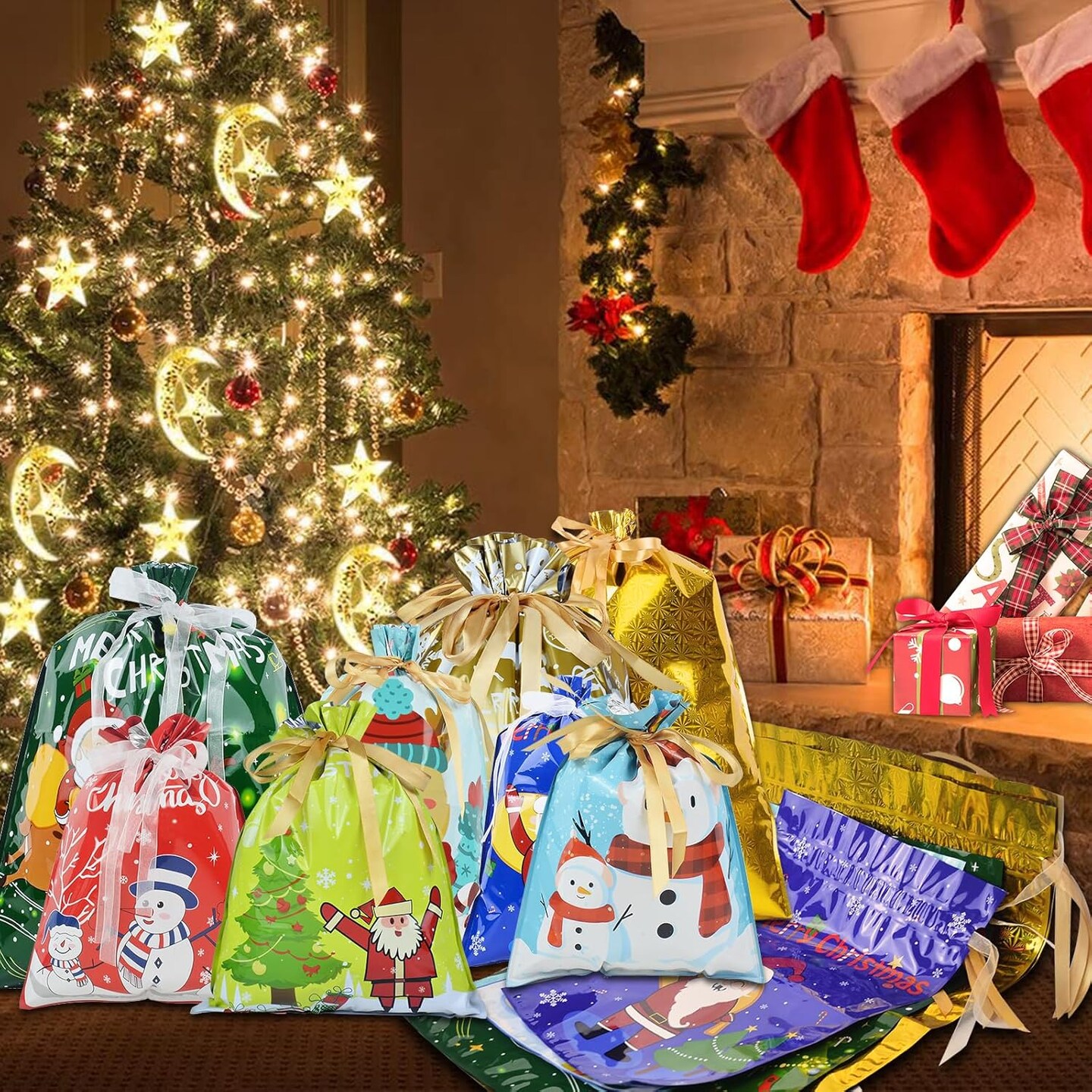 Christmas Drawstring Gift Bags, 28PCS Assorted Sizes Santa Wrapping Bag with Ribbon Tie in 4 Sizes and 8 Designs for Xmas Holiday Presents Party Favor Goody Bags Jumbo/Extra Large/Medium/Small