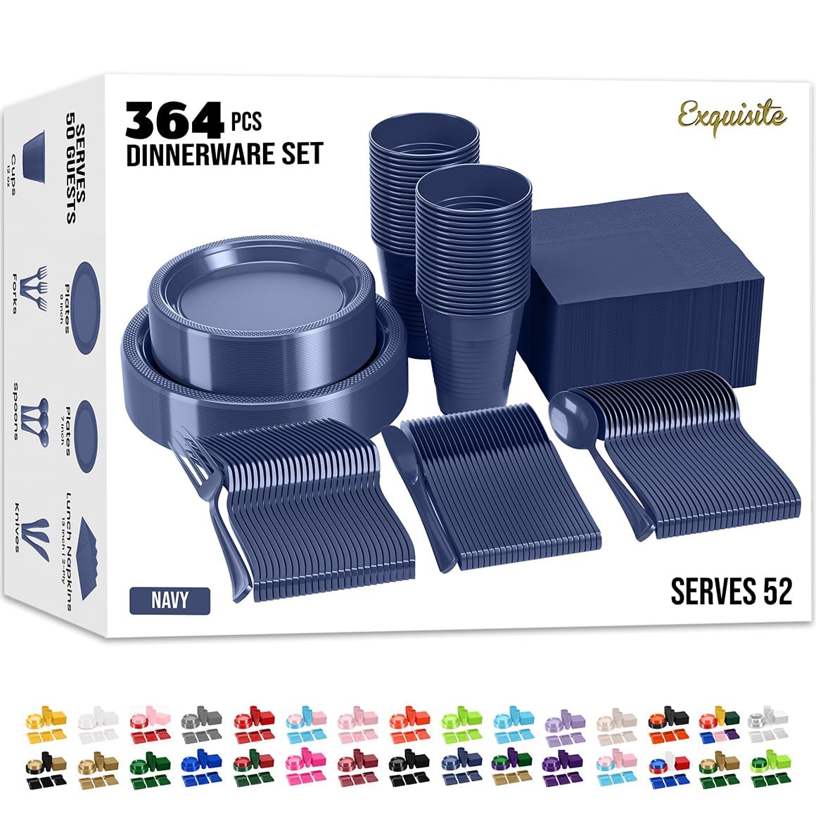 Exquisite 350 Pcs Plastic Plates for Party – Disposable Plates Set – 50 Each of 9" Dinner Plates, 7" Dessert Plates, Plastic Cups, Napkins & Plastic Cutlery – Plastic Dinnerware by Party Solids