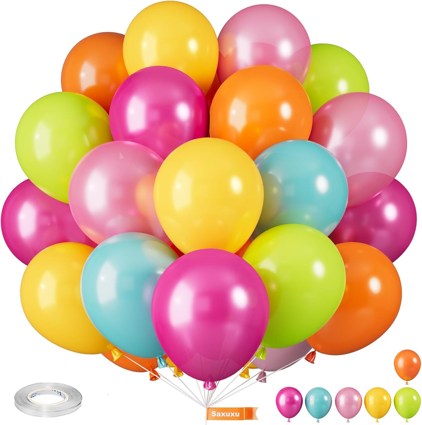 Tropical Colorful Balloons, 35 Pcs Pearl Hot Pink Teal Blue Yellow Fruit Green Latex Balloons (12 Inch)