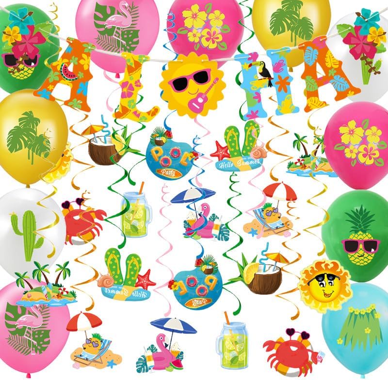 Summer Party Decorations Set, Banner Balloons Summer Foil Hanging Swirls (37 Pcs)