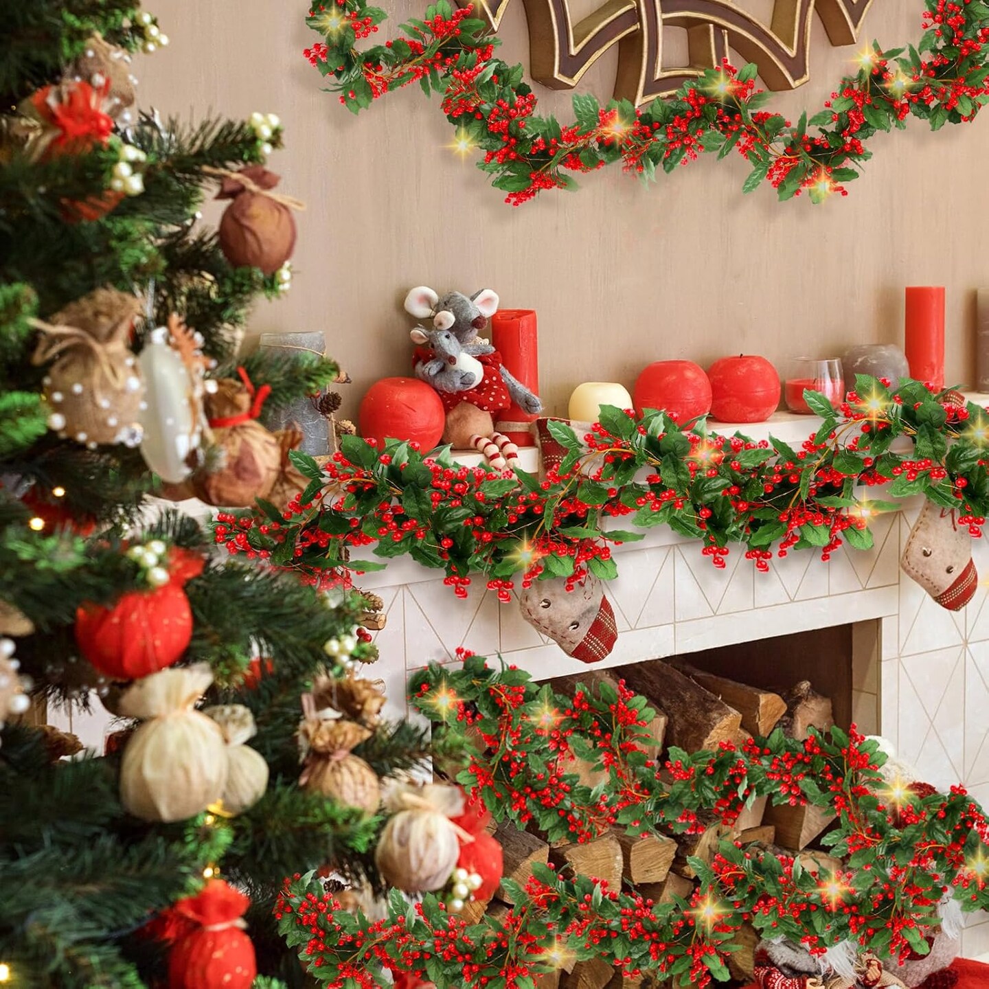 18 ft 3 Pcs Lighted Christmas Garland with Red Berry