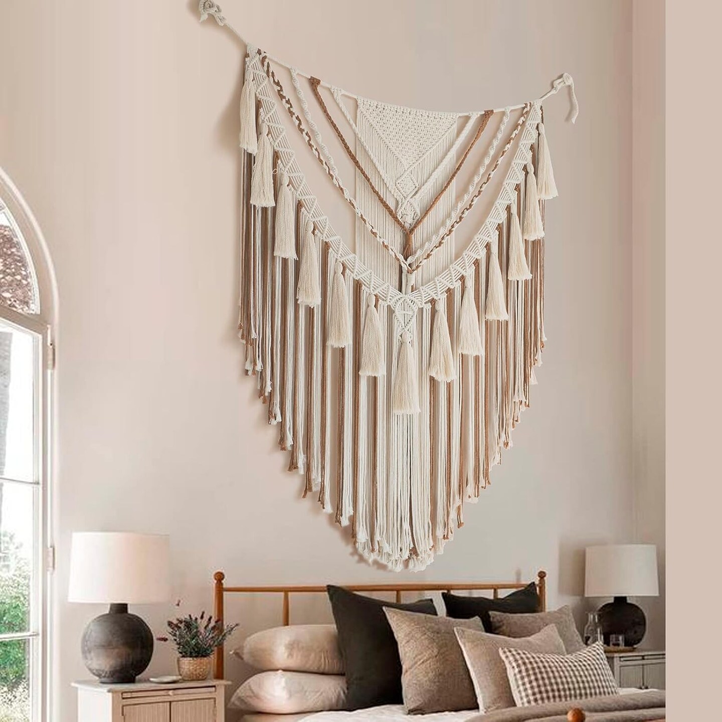Large Macrame Wall Hanging 47&#x22; Wx 55&#x22; L Brown Macrame Wall Decor Boho Panels Handmade Yarn Wall Art Living Room Bedroom Home Decor