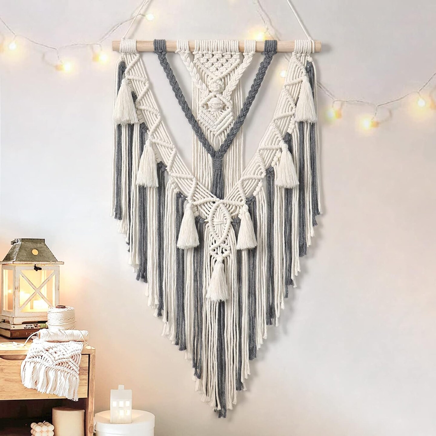 Macrame Woven Wall Hanging Boho Geometric Woven Tapestry Beige &#x26; Grey Cotton Handmade Bohemian Art Decor with Tassel Craft Ornament for Bedroom Living Room Apartment Nursery (Grey)