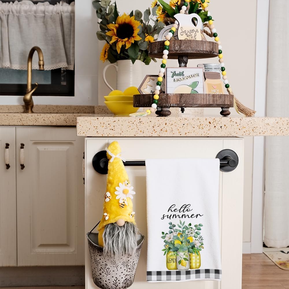 Yellow Lemon Eucalyptus Summer Kitchen Towels Dish Towels Set of 2,Black Bike Hello Summer Hand Towels 18x26 Inch Drying Dishcloth