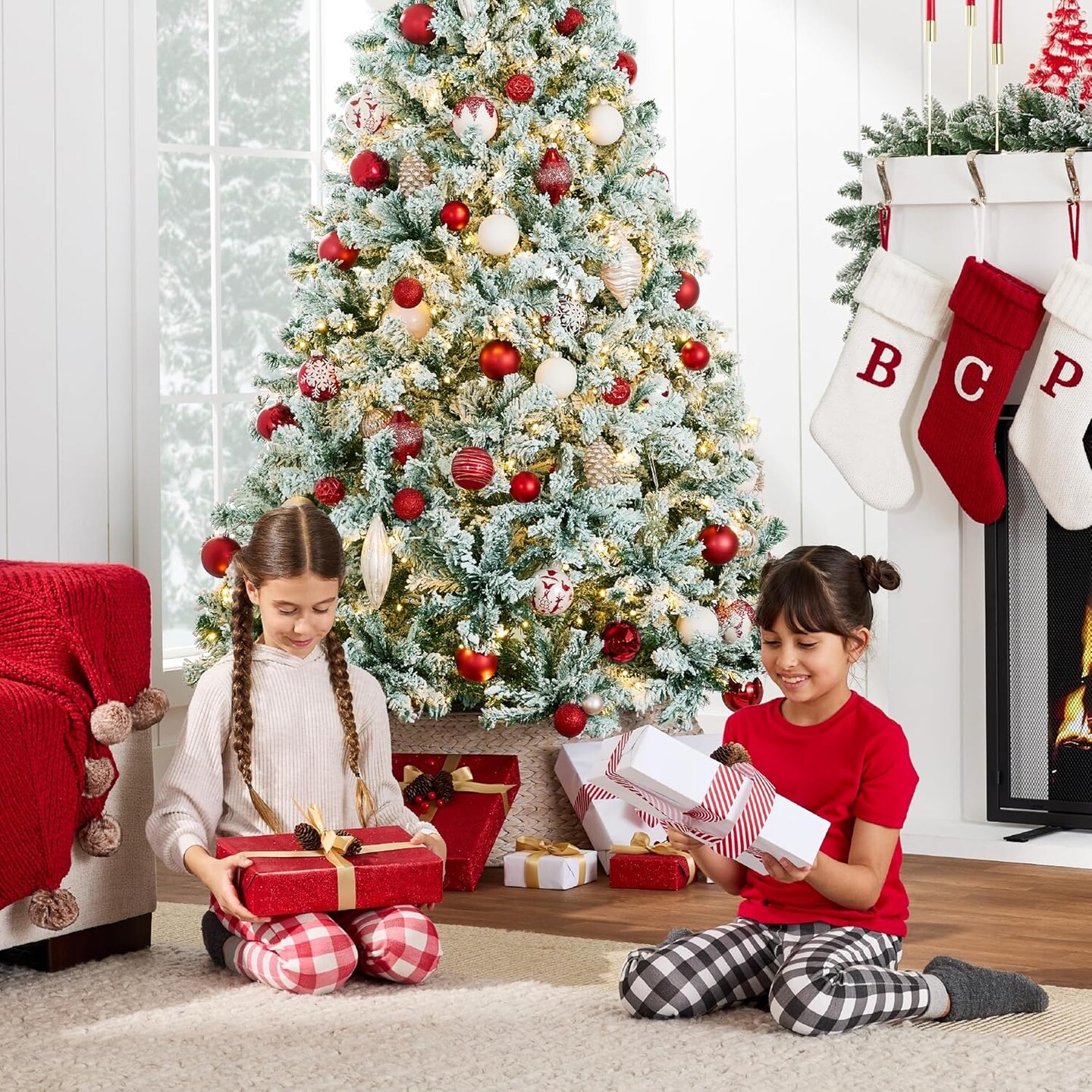 Snow Flocked Christmas Tree Full Pine with 250 White & Multicolor LED Lights, 928 Tips & Foot Switch Control