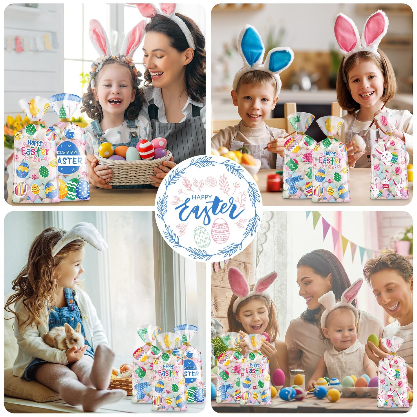 100 Pcs Easter Treat Bags - Happy Easter Gift Bags, Easter Eggs Plastic Cellophane Bag, Clear Colorful Easter Bunny Goodie Candy Favor Bags with Gold Twist Ties for Easter Party Favors Supplies