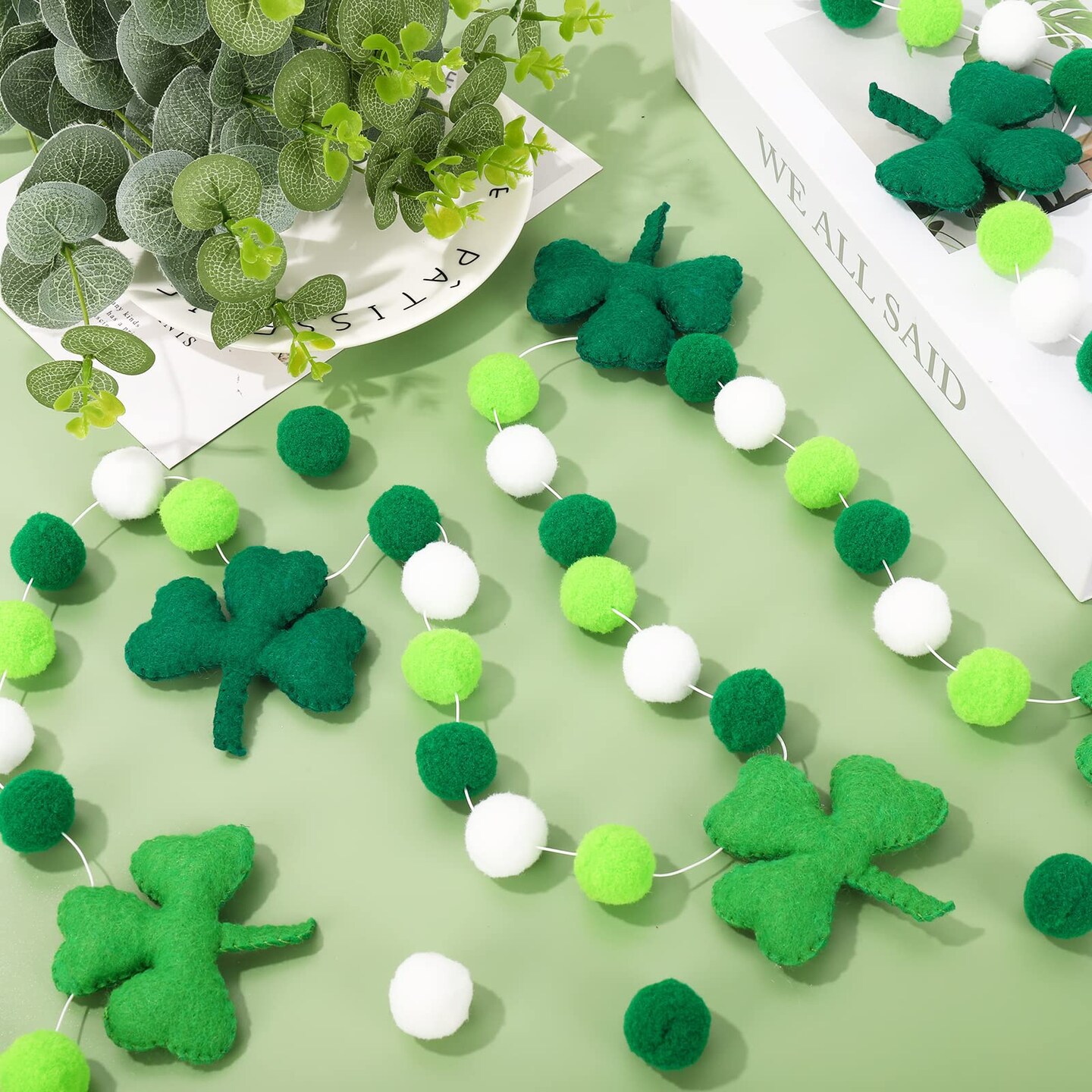 Whaline 8.2Ft St. Patrick's Day Felt Pom Pom Banner Lucky Shamrock Garland Green White Pom Ball Clover Decorative Irish Hanging Bunting Garland for St. Patrick's Day Home Mantel Wall Decor