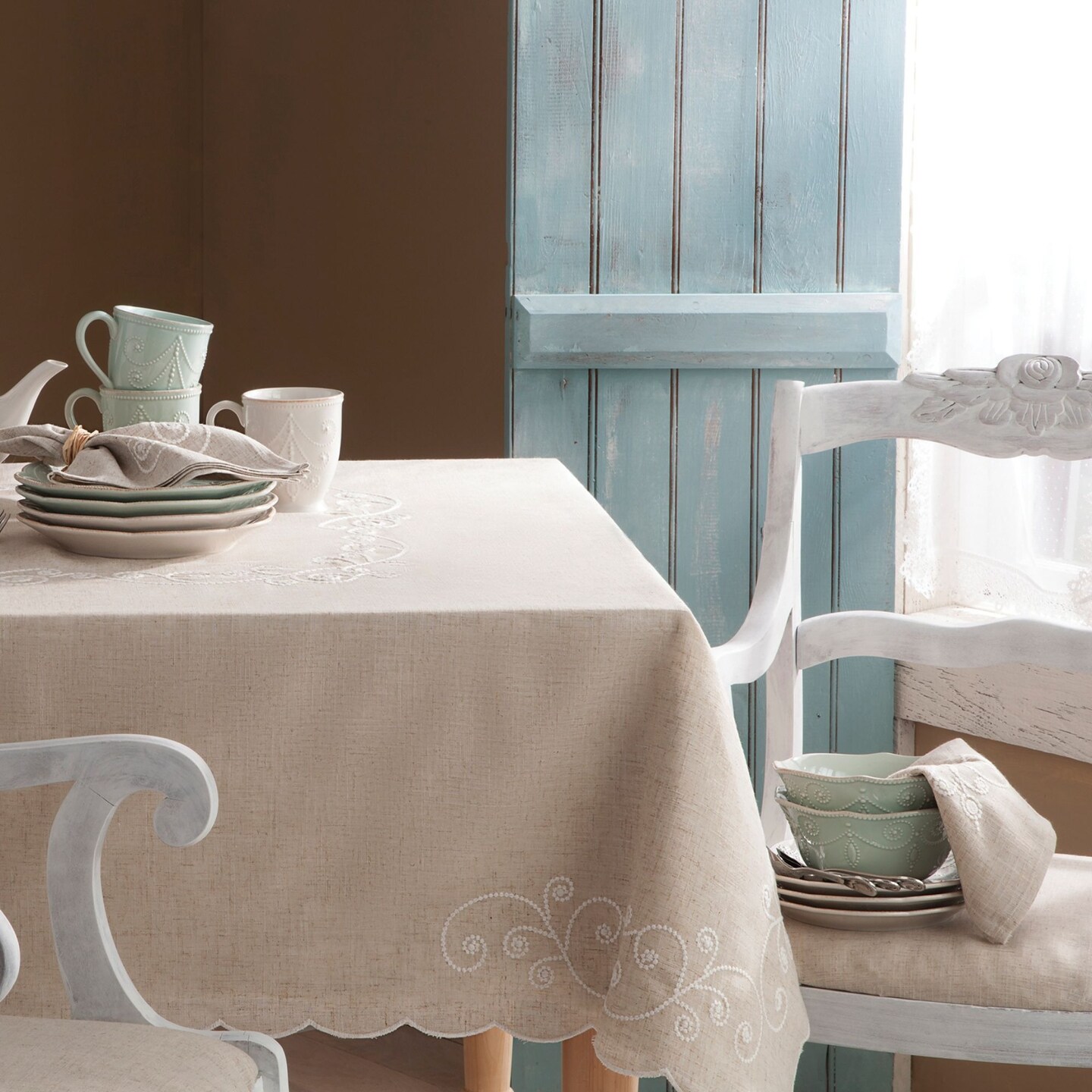 Lenox French Perle Linen Embroidered Tablecloth, Linen - 60"W x 102"L