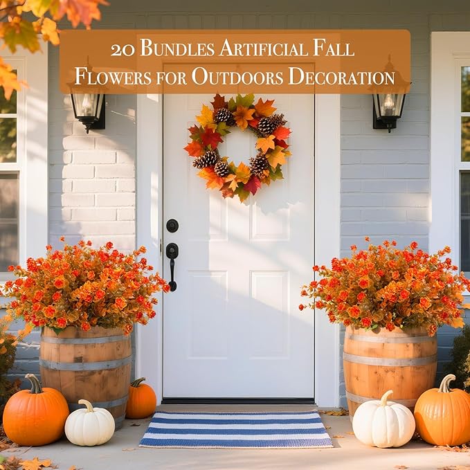 20 Bundles Artificial Fall Flowers for Outdoors Fall Thanksgiving Decorations-UV Resistant Fake Mums Faux Plant Plastic Flowers Gardens Porch Fireplace Home Autumn Decor(Brown Eucalyptus Flower)