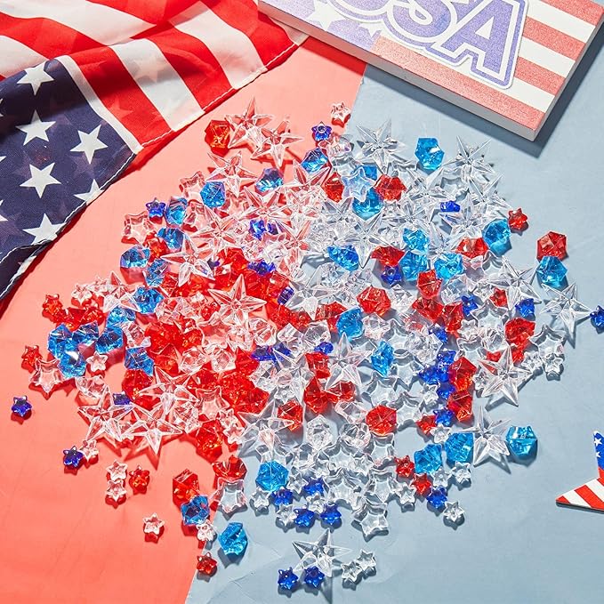 240 Pcs Mini Patriotic Acrylic 4th of July Red White Blue Acrylic Beads for Vase Filler Ice Rocks Star Crystals Gems Table Scatter Independence Day Party Wedding Crafts Decoration Display