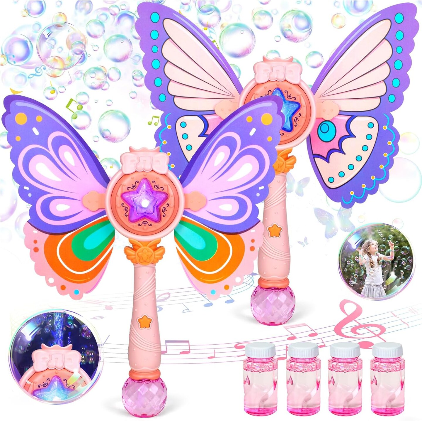 2 Pack Bubble Wand for Kids, Bubble Gun Machine Maker Blower Toys for 3 4 5 6 7 8 Kids Girls Boys Adults- Light Up Bubble Wand with Music for Princess Party Wedding Birthday Decorations