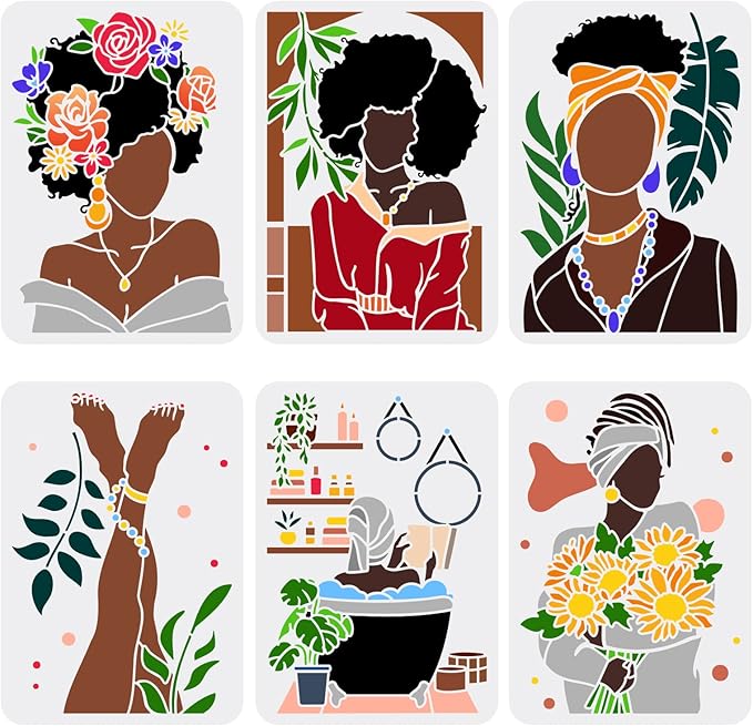 6 pcs African Tribal Women Stencils 8.3x11.7inch Reusable African American Painting Stencil Female Silhouette Bathroom Decoration Stencil for Painting on Wood, Wall and Furniture