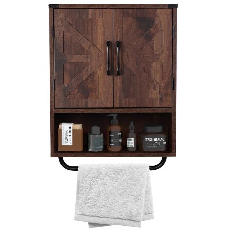 Modern Wooden Bathroom Wall Storage Cabinet with Doors and Towel Rack, Adjustable Shelves
