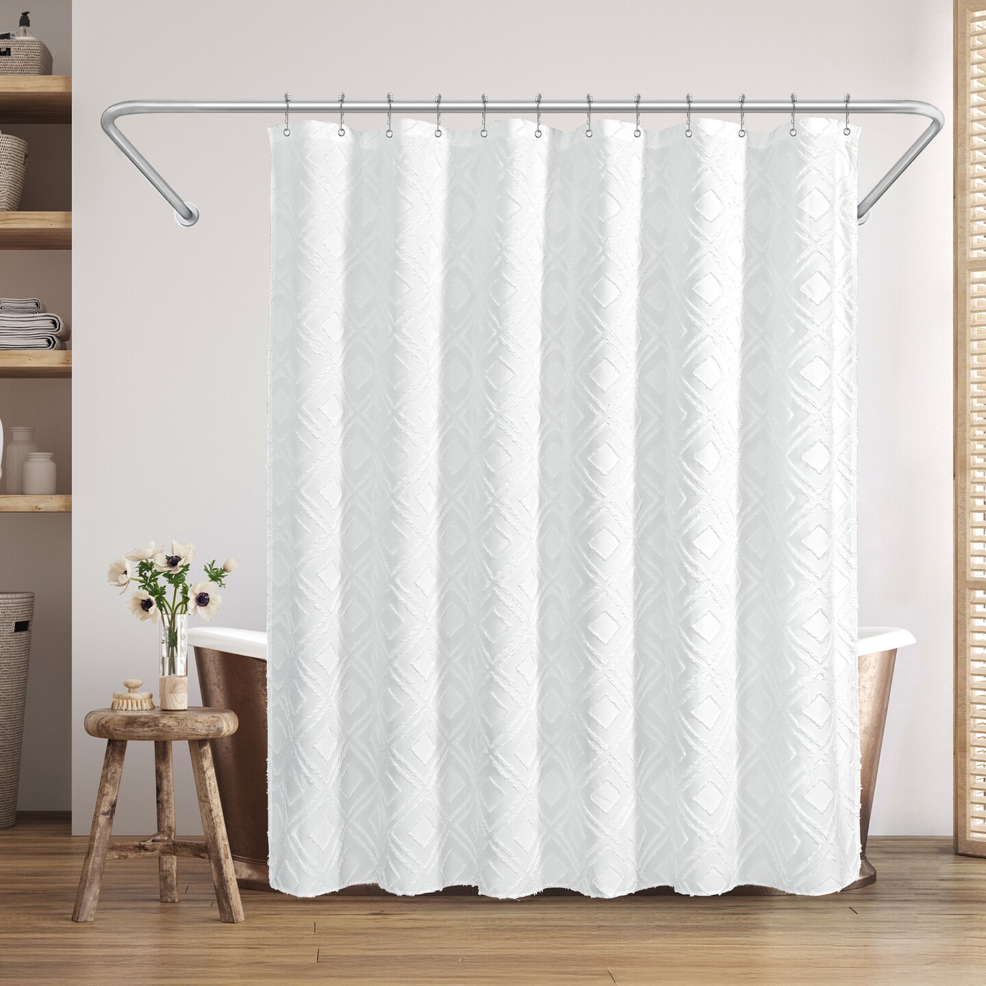 Americanflat 71x71 White Woven Shower Curtain with Tassel And Accents - Includes 12 Grommets and Hooks - 100% Polyester