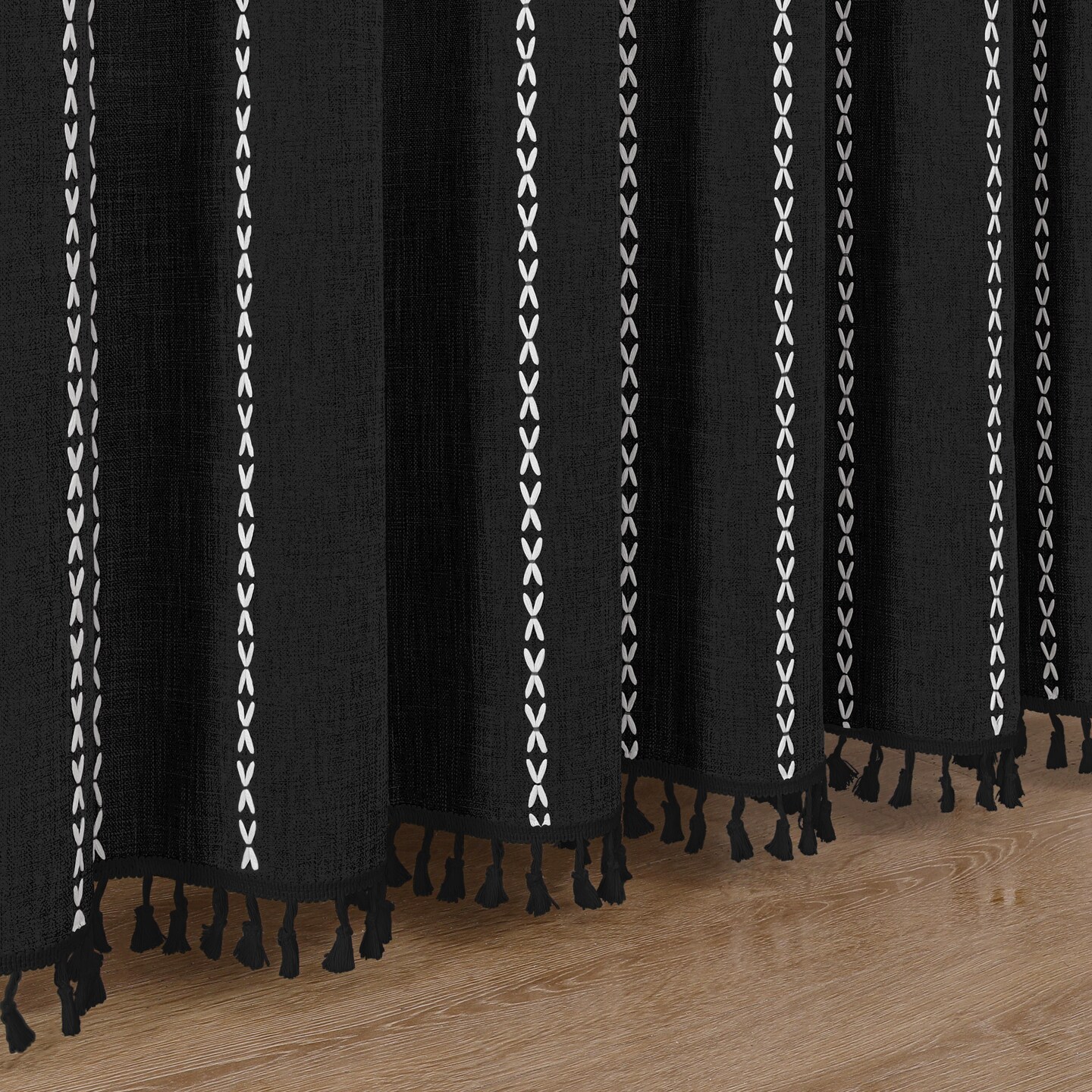 Americanflat 71x71 Woven Linen Shower Curtain with Tassel Accents - Includes 12 Grommets and Hooks - 100% Polyester