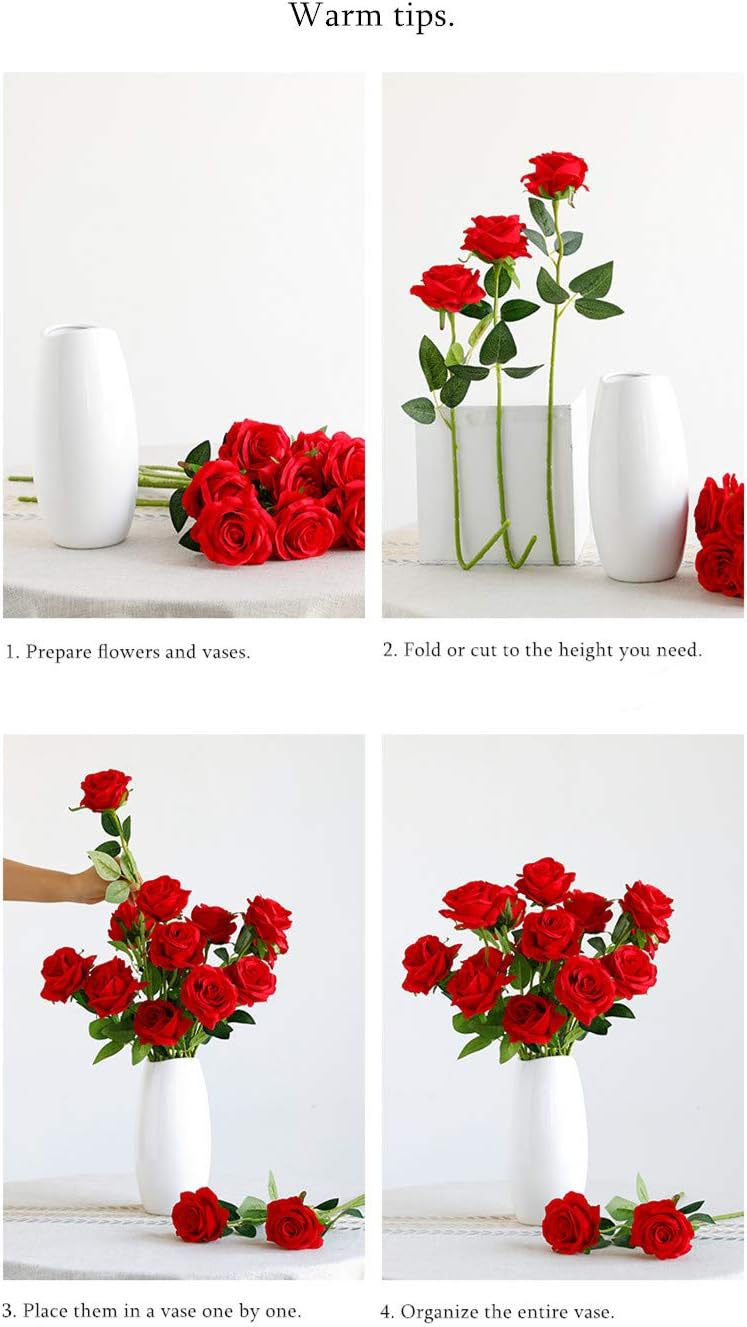 12 pcs Artificial Red Roses Flowers Long Stem Fake Silk Rose